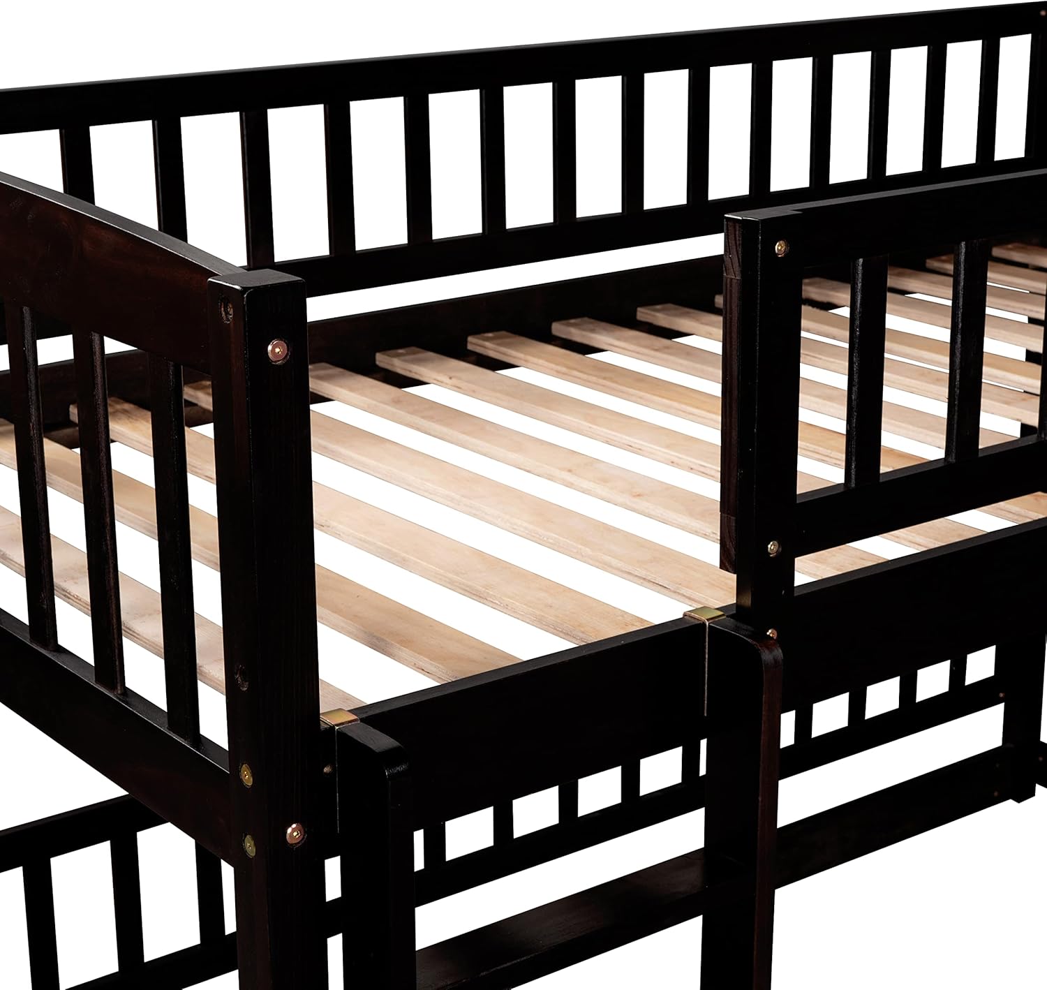 Twin Over Twin Bed Frame for Kids, Bunk Bed Frame with Stairs, Guardrails and Slide, Space-Saving Bunk Bed for Children Boys and Girls, Modern Detachable Floor Bed Frame, Espresso