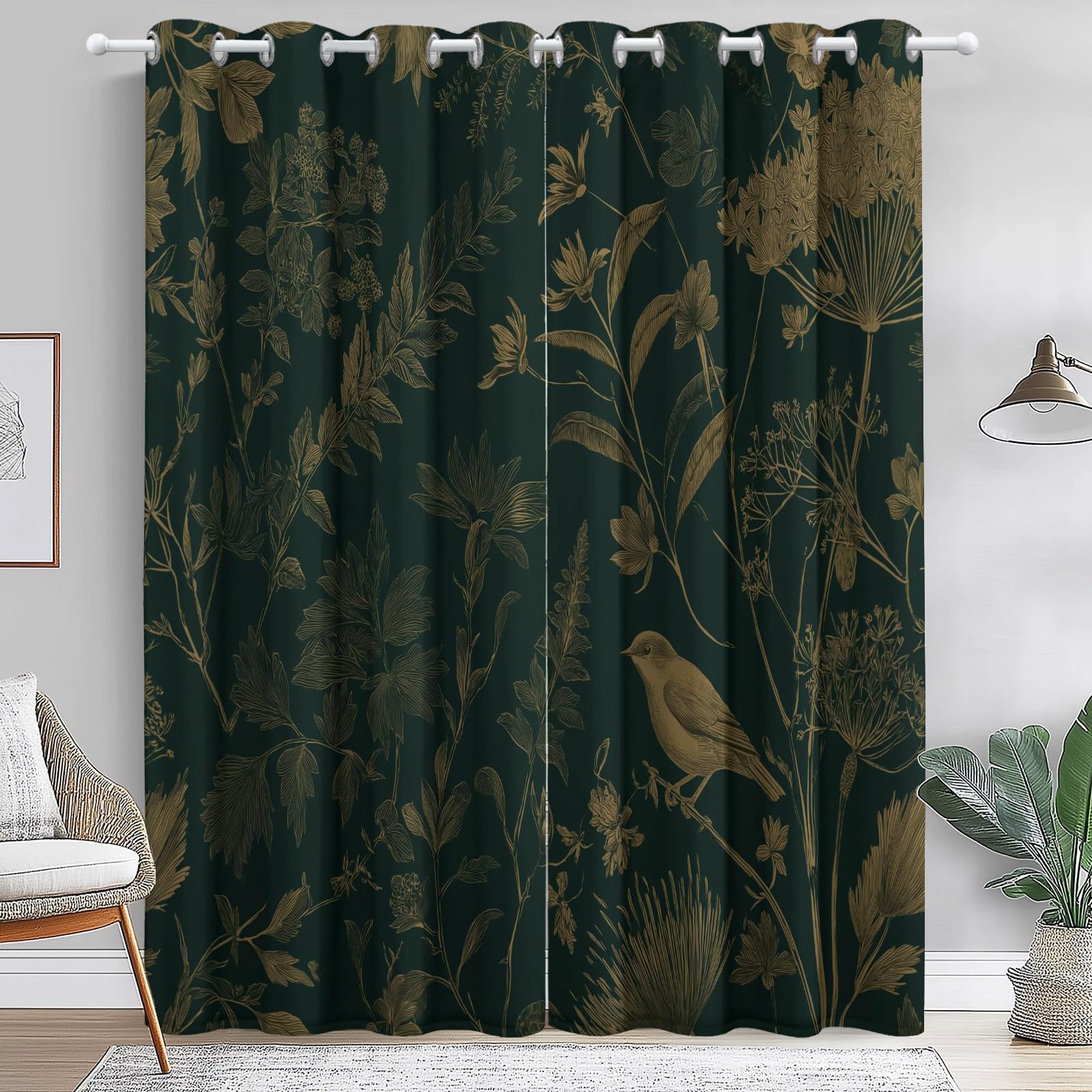 Grün Verdunkelungsvorhänge H243 x B53 cm 2 Paneele, Natur Vintage Blumen Blätter Bedruckte Vorhänge - Dreilagige Mikrofaser-Beschattung und Wärmeisolierung Geeignet für Schlafzimmer und Wohnzimmer
