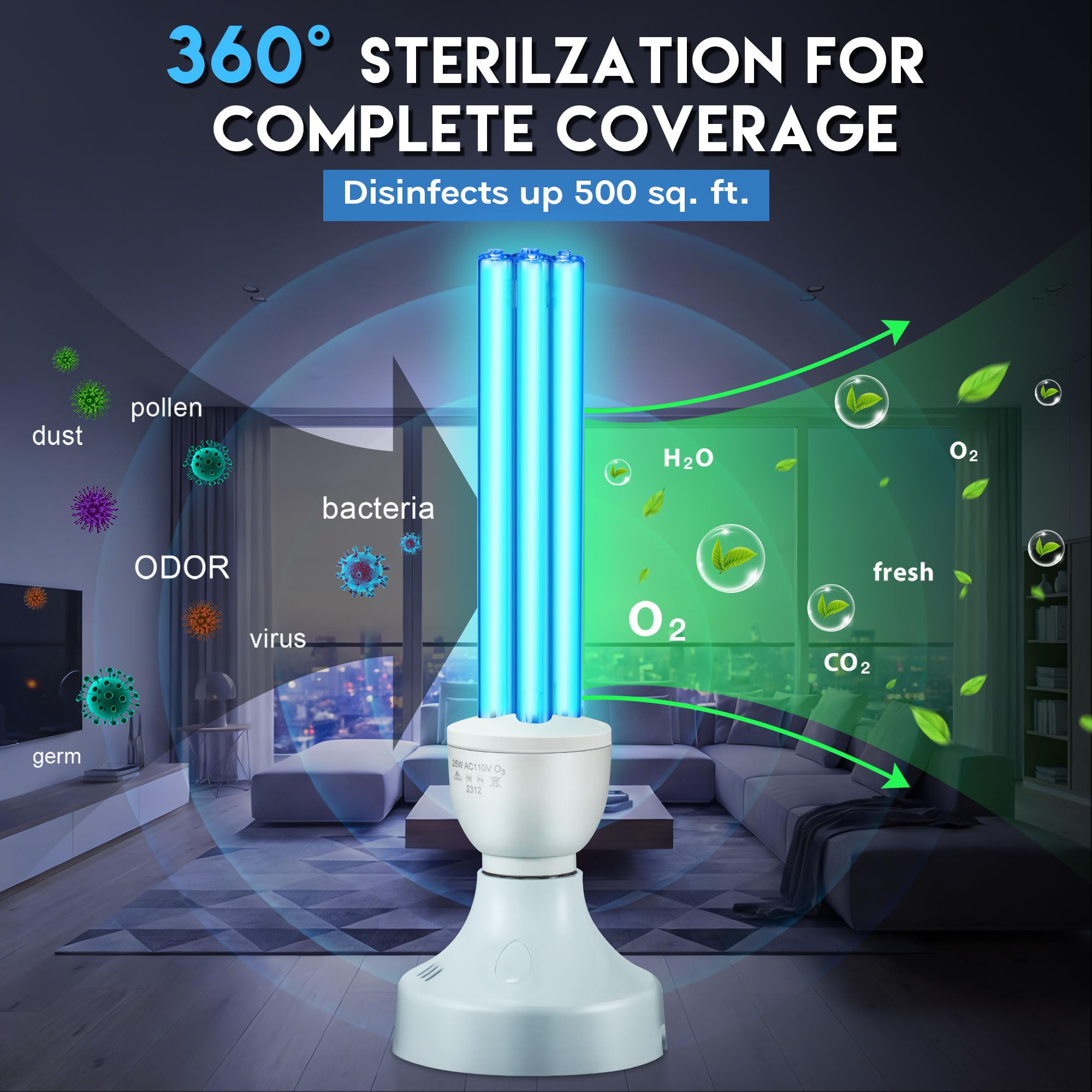 Enhon 25W UV-Lampe, 254nm UVC-Desinfektionslampe mit E27-Sockel, 360° Sterilisation für 500 ft², Wirksam gegen Bakterien in Wohnzimmer, Küche, Büro, Keller (Ozon)
