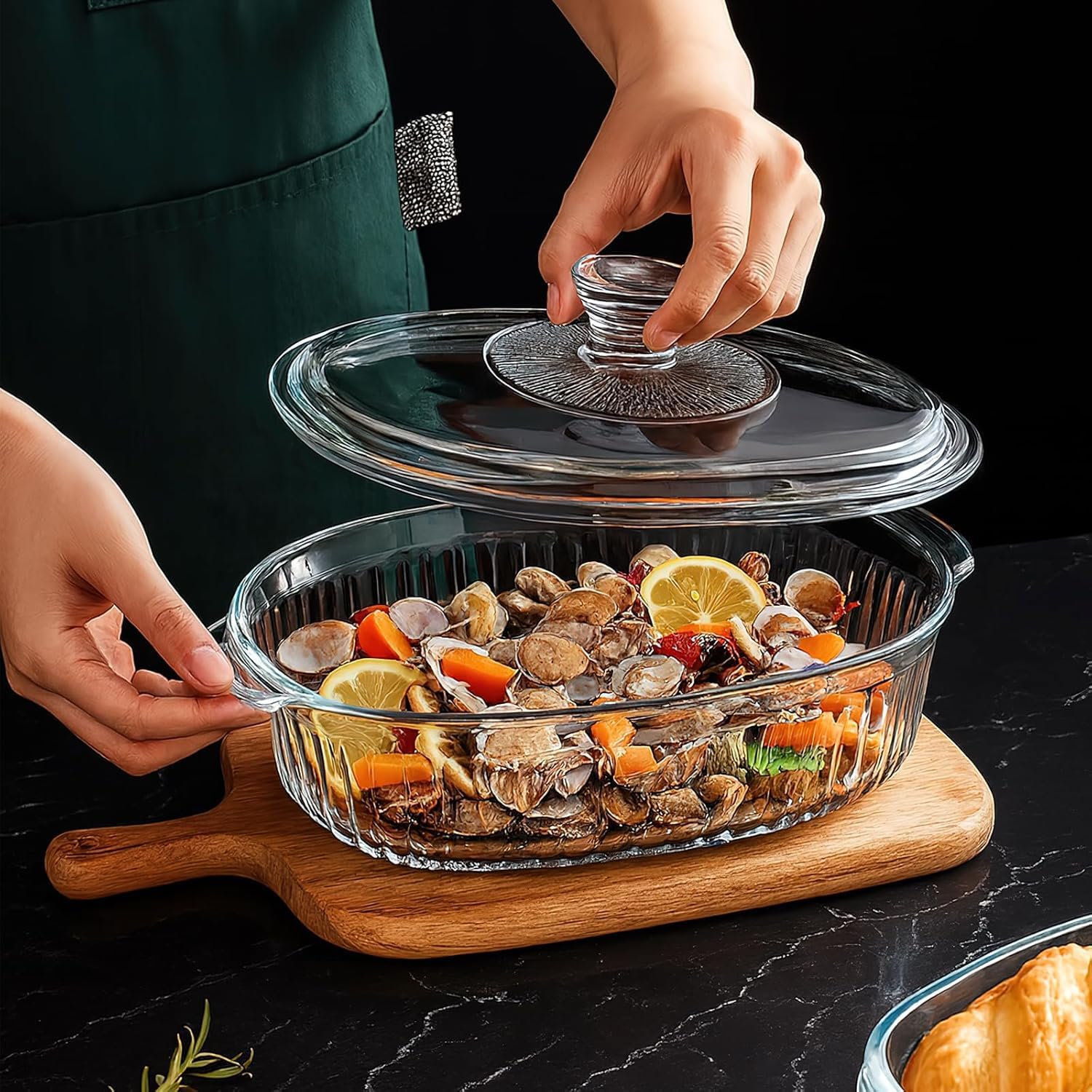 Set di 2 pirofile in vetro con coperchio per forno, 1,9 l e 3 l – Pirofila ovale scanalata in vetro per cuocere lasagne, casseruole, avanzi, cucina e cucina