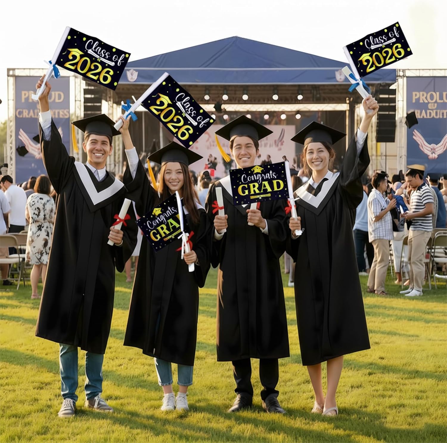 Moukeren 6 Pcs Graduation Car Flag Class of 2026 Graduation Car Decorations 12 x 8 in Double Sides Pattern Congrats Grad Senior Flags Banners Outdoor Parade Banner Signs with Flagpole Grad Photo Props