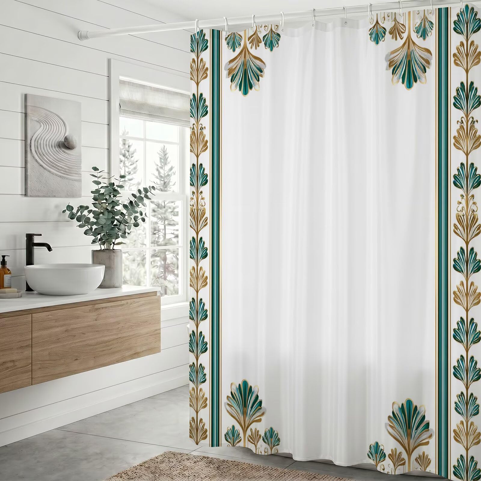 Duschvorhang 300 x 200 cm Stoff für Badezimmer & Badewanne, Wasserabweisend Duschvorhänge mit Beschwerter Saum, Blickdicht Textil Vorhang Polyester Waschbar inkl Ringe (Grün Einfach), Q-o738