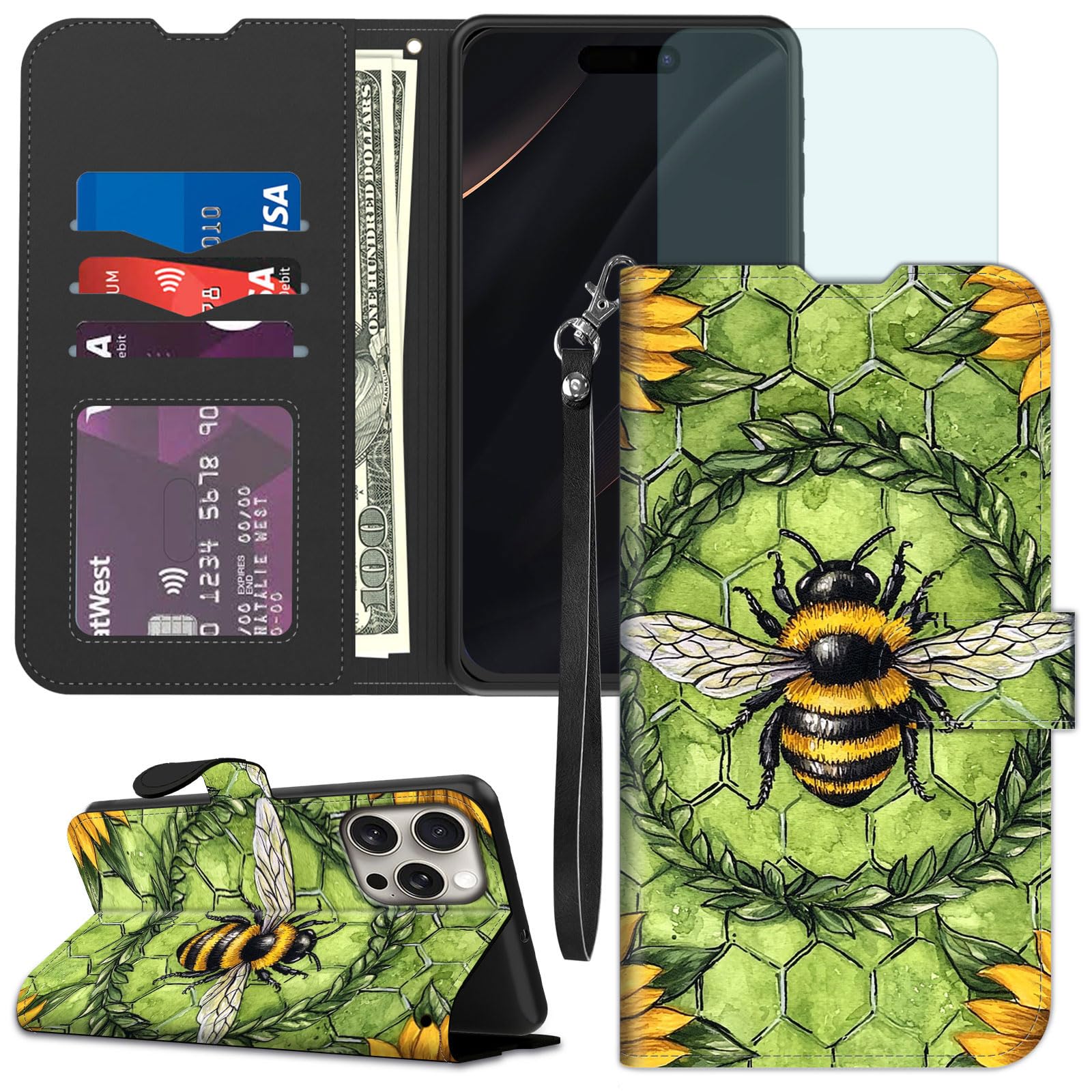 Qindaiwen for iPhone 16 Pro Max Wallet case with RFID Blocking Credit Card Holder Kickstand, Folio Flip PU Leather Shockproof Protective Cover for 16