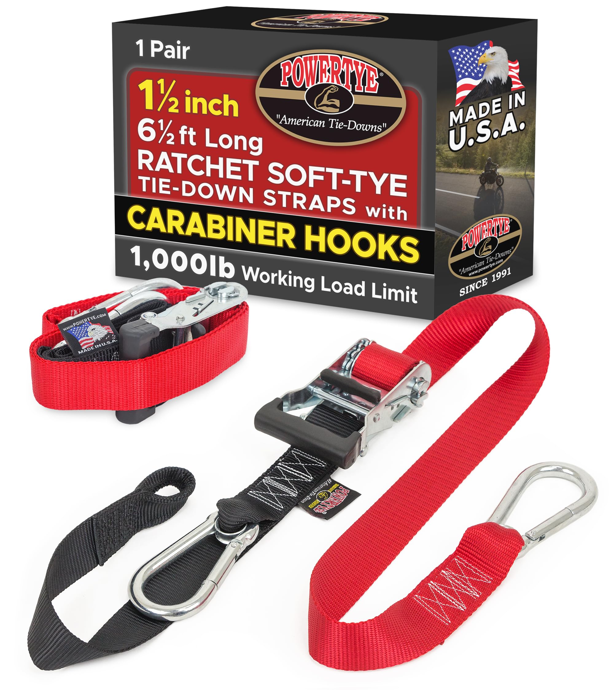 PowerTye 1.5 inch x 6.5ft Ratchet Straps w/Carabiners, Red/Black Pair