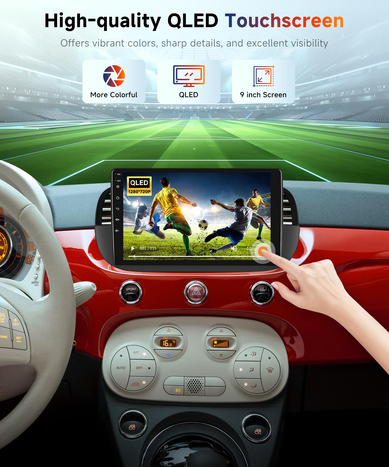Autoradio Android 7" Pour Fiat 500 2007-2015 - CarPlay & Android Auto Sans Fil, GPS, Bluetooth, Caméra - 8 Cœurs - 13