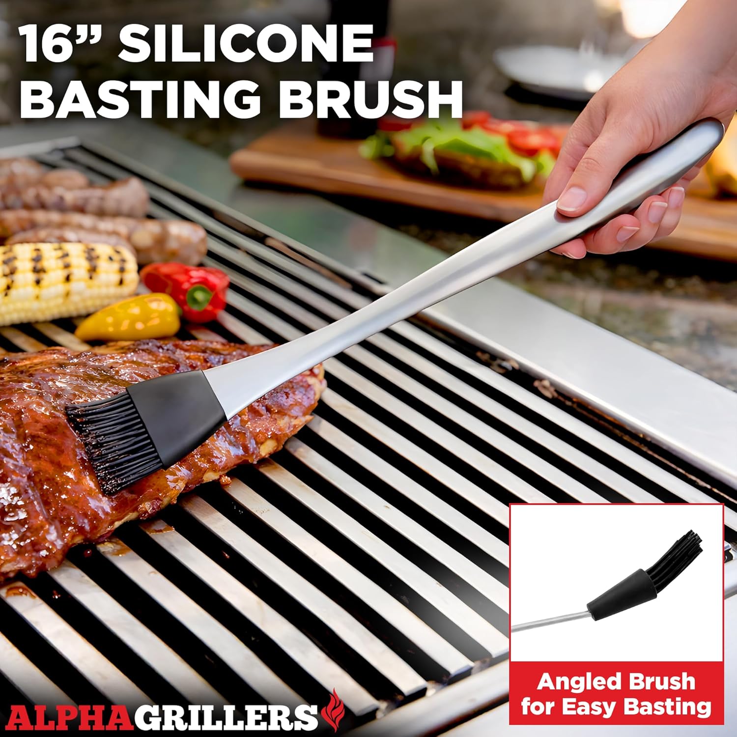 Alpha Grillers silicone basting brush applying sauce to ribs on a grill