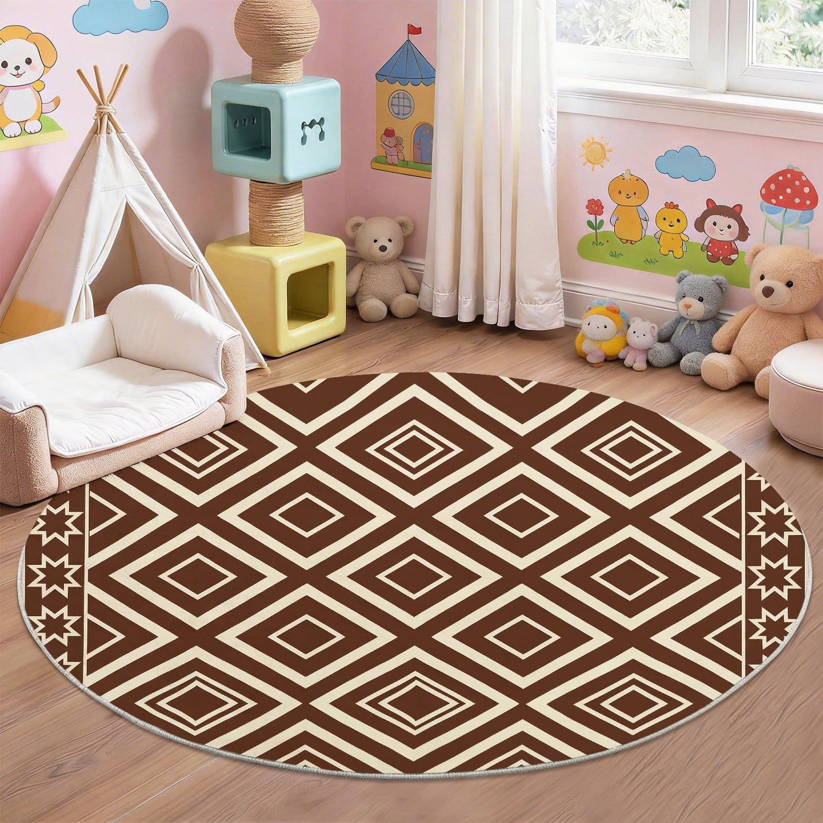Tappeto etnico geometrico rotondo, a pelo corto, 160 cm, lavabile, morbido, per soggiorno, camera da letto, con rombi e stelle, antiscivolo, per cameretta dei bambini, colore: marrone