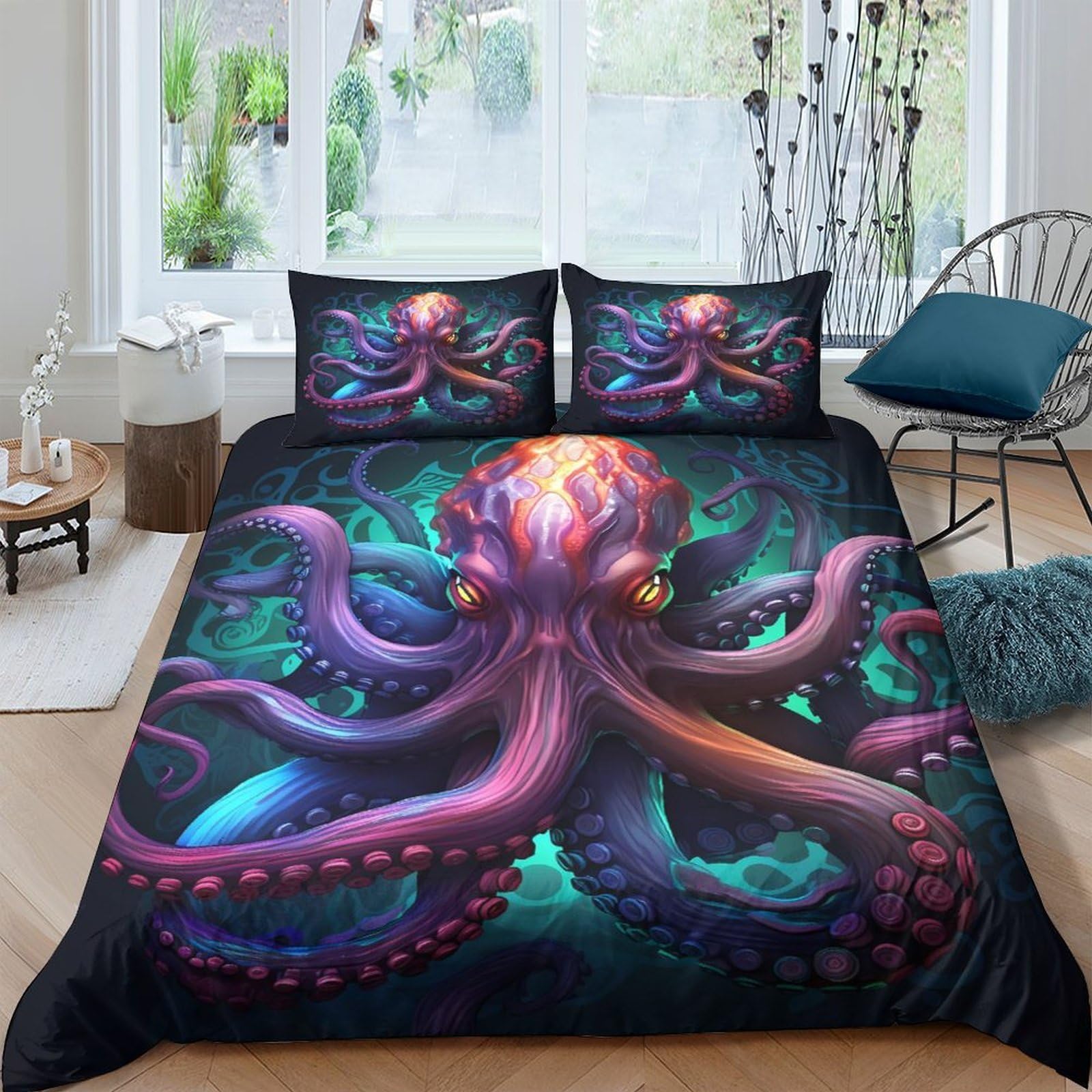 GPLZQXKJNH 3D Printed Octopus Ocean Duvet Cover Microfiber Soft Breathable Underwater Fantasy Quilt Cover Bedding Set with 2 Pillowcases for Bedroom Home Decor Single（135x200cm）