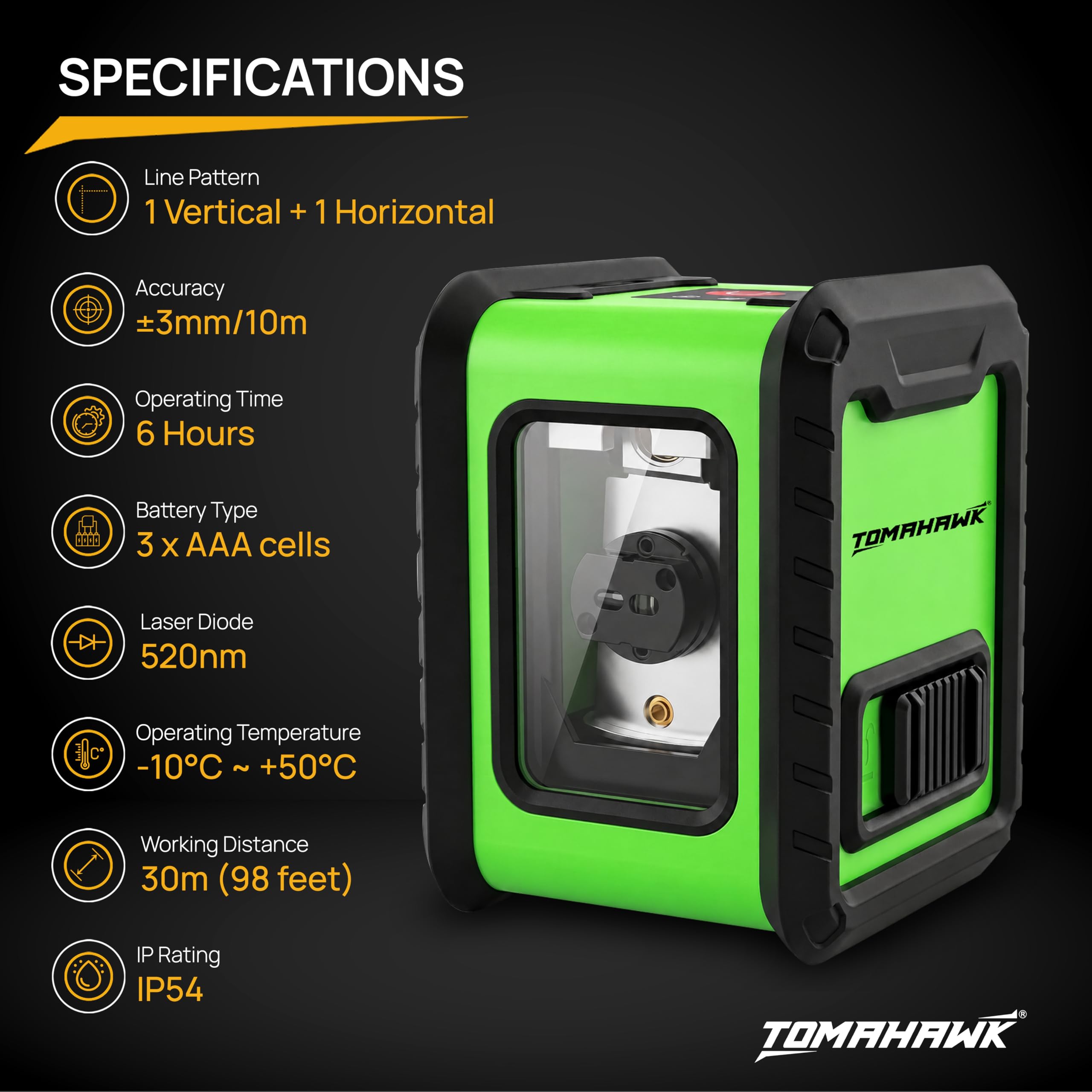 TOMAHAWK® TLL-C-02 Compact 2 Green Line Laser Level - 98ft Green Cross Self-Levelling Laser Line for Construction with Vertical/Horizontal Base, Adjustable Brightness 2