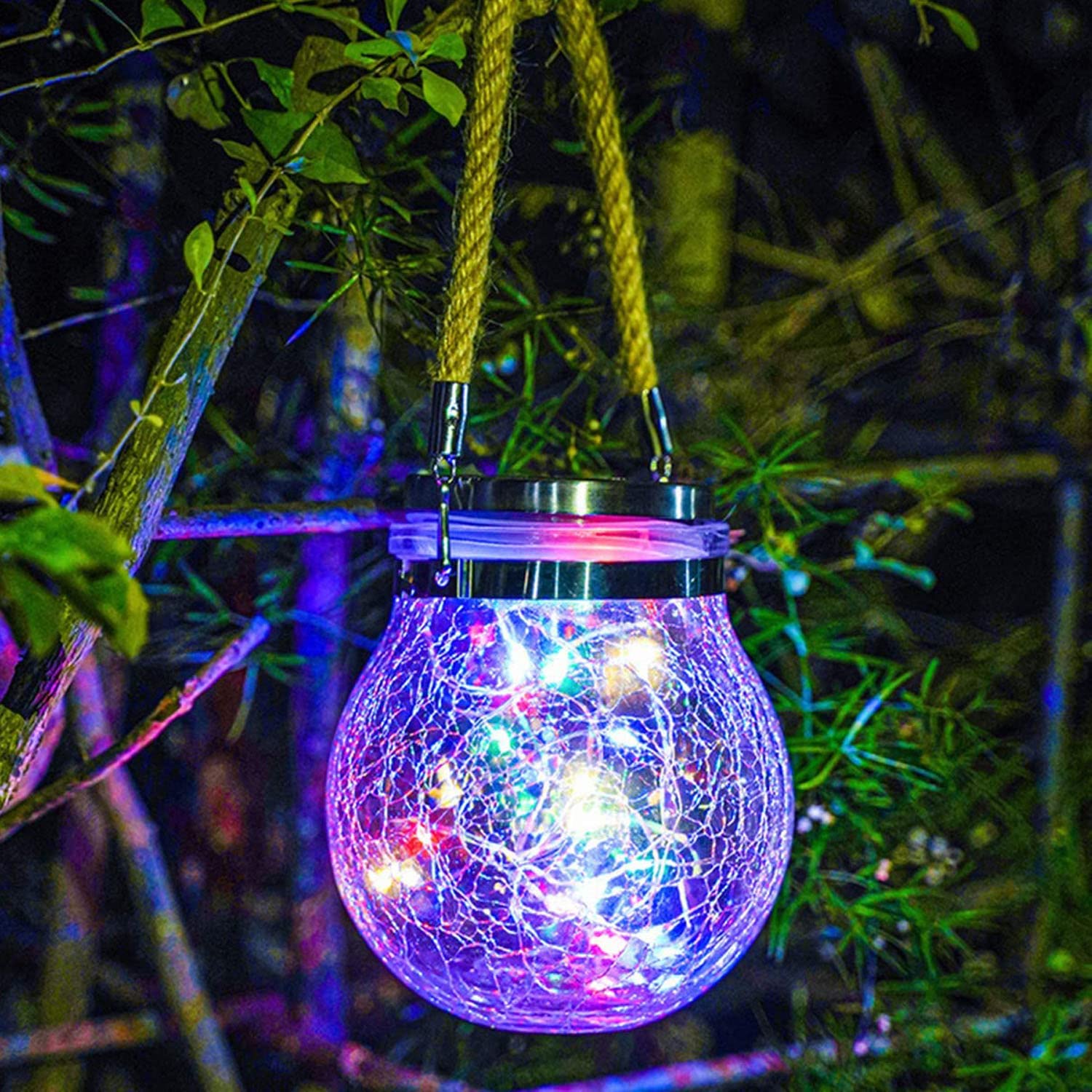 Thirteenkcanddle Solar Crack Glass Light Lantern with 20 Micro LED String Glass Jar Light Outdoor Decor Christmas Party Wedding Birthday Decoration Pack of 1, Multicolor