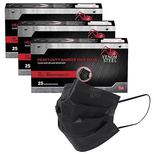 Venom Steel Máscara facial negra de barrera resistente, resistente a líquidos y salpicaduras, 75 unidades