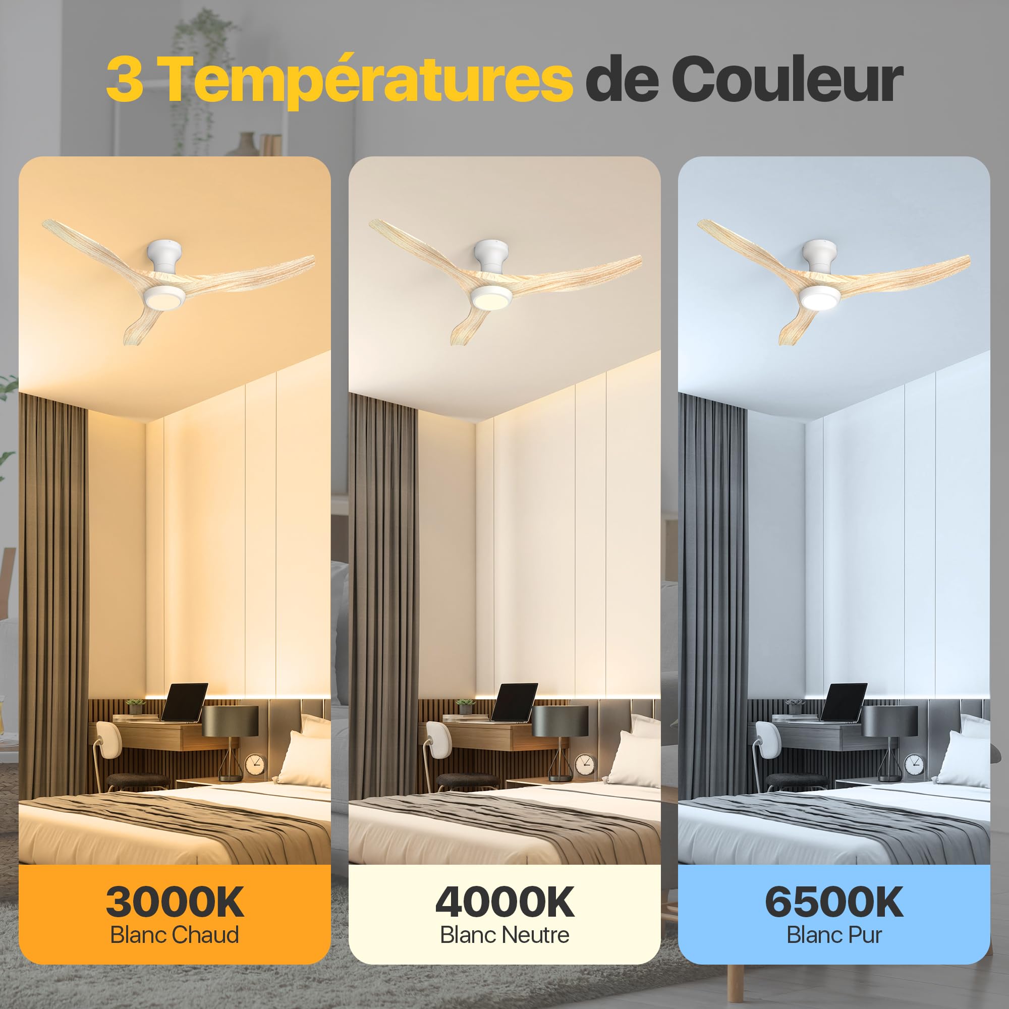 Ensenior Ventilateur de Plafond avec Lumière Silencieux 126cm Moteur DC 3 Couleurs LED Dimmable Mémoire 6 Vitesses Bois