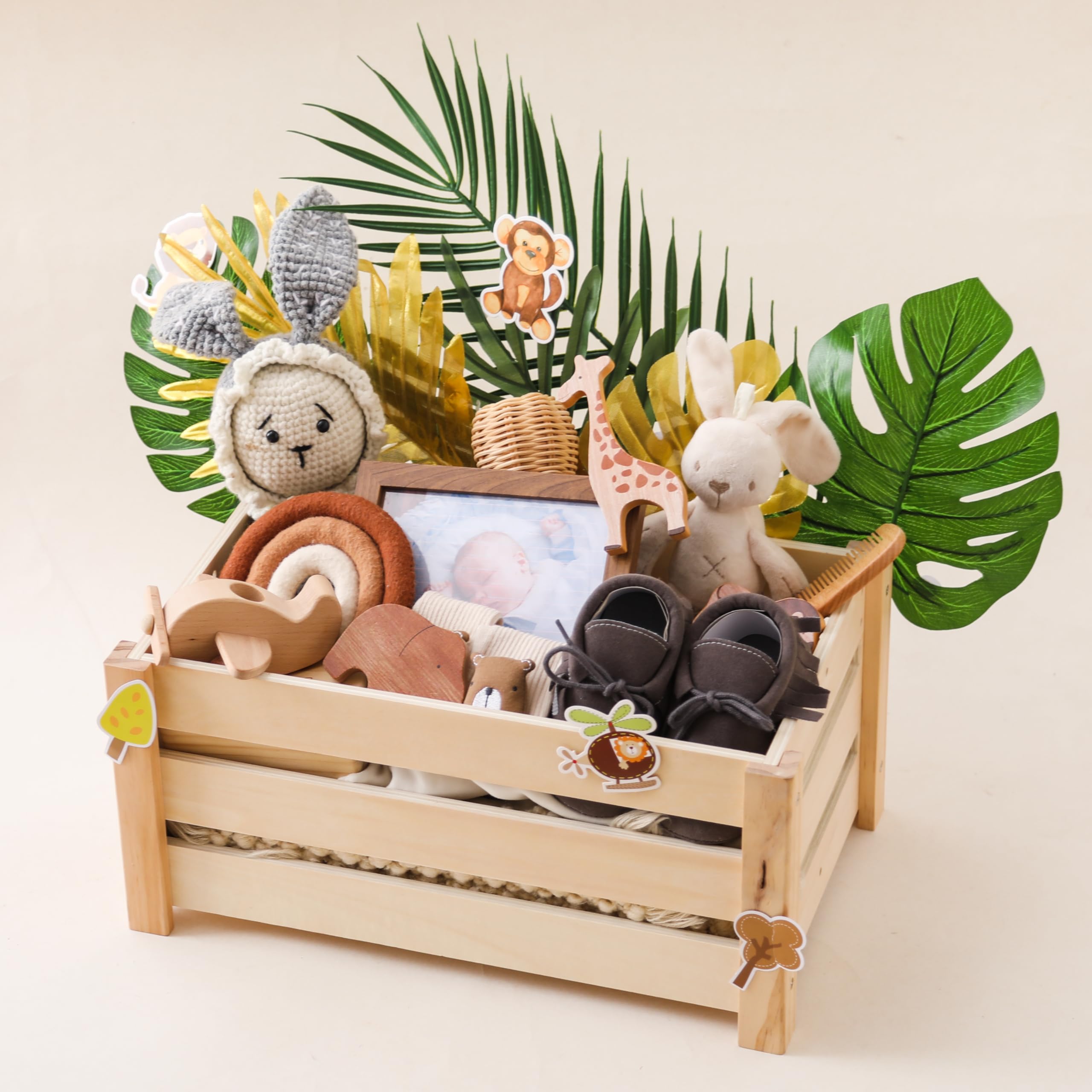 Cesta de regalo de madera para bebé (combo de animales arbustos)