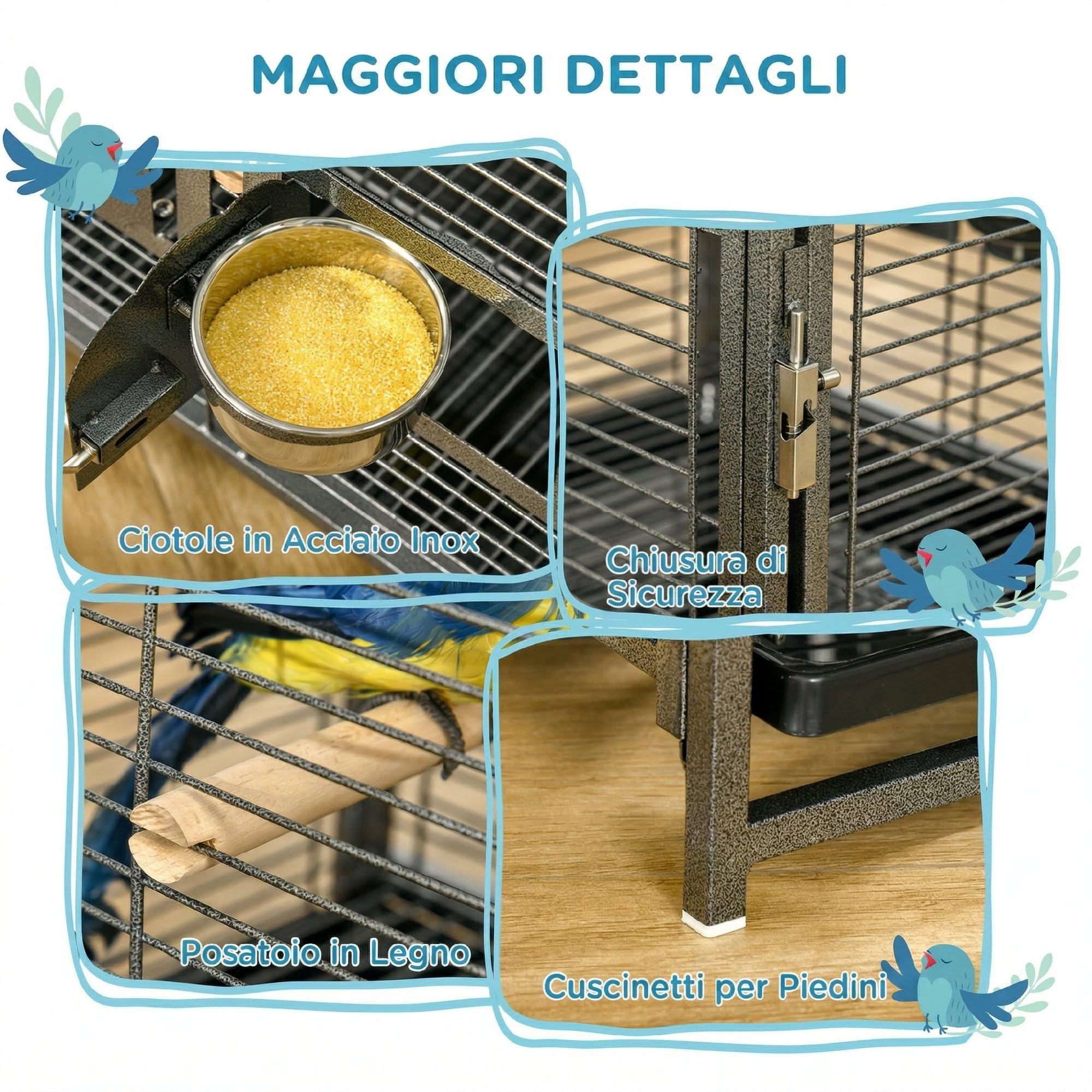 PawHut Gabbia per Pappagalli con Vassoio rimovibile, Ciotole in Acciaio Inox e 2 Posatoi, 48x38x65cm Nero
