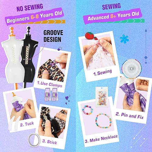 Miniatura 4 de Anpro Kit de diseño de moda para niñas con 4 maniquíes, kit de manualidades y manualidades para niñas de 6 a 12 años, kit de costura para ropa de