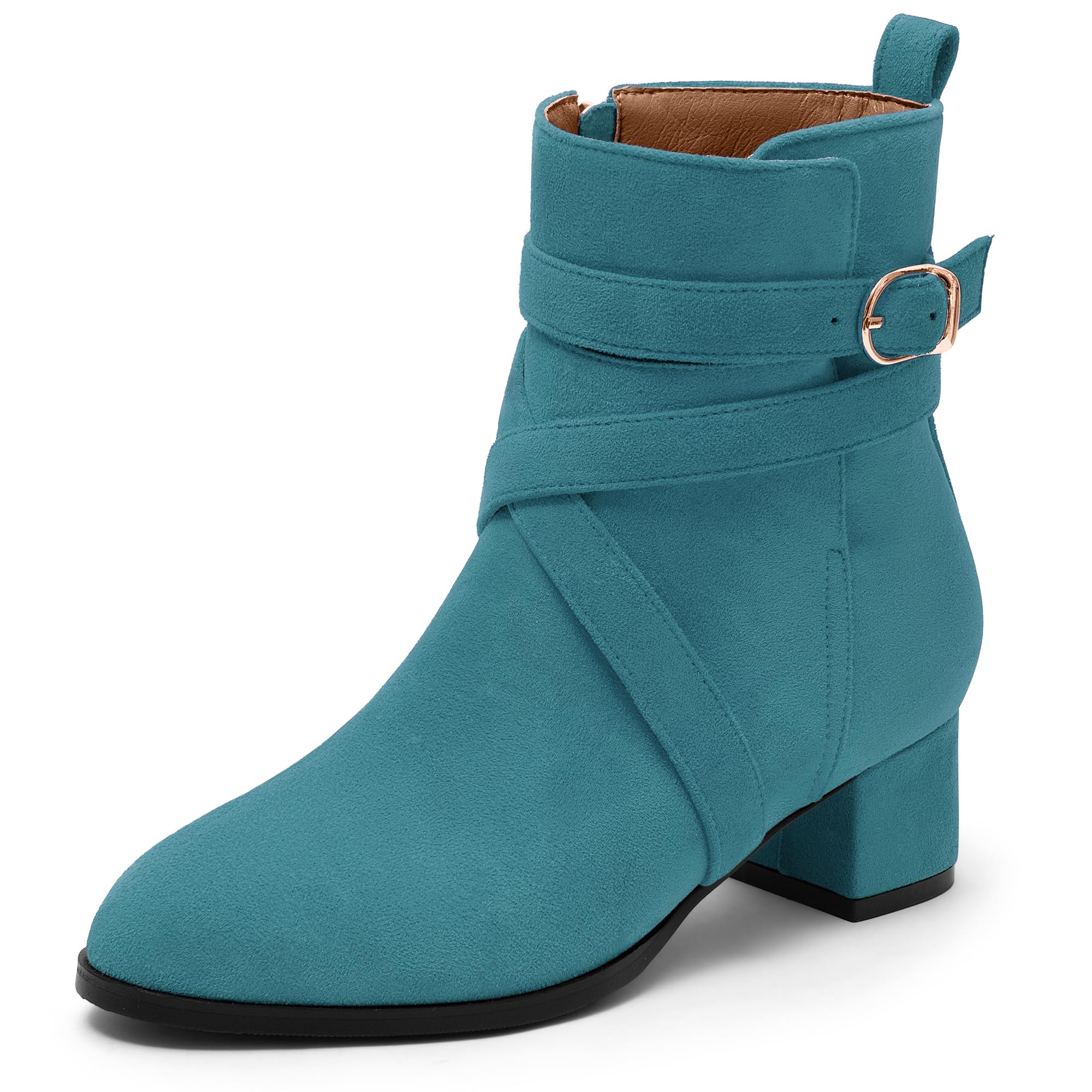 NUMALEO Womens Fashion Casual Ankle High Buckle Comfort Heeled Solid Round Toe Ankle Adjustable Strap Synthetic Ankle Boot