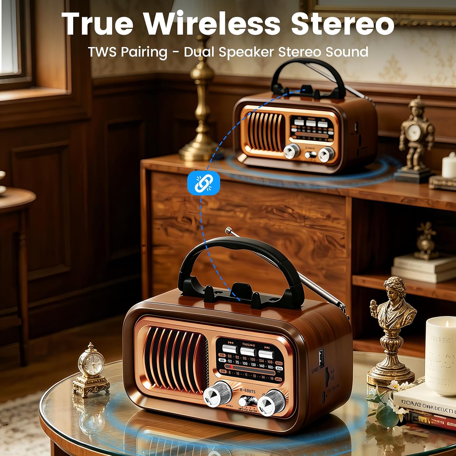 Retro Bluetooth Radio with Solar/D Battery Operated/USB Rechargeable， AM/FM/SW,TWS, USB/TF Playback, Phone Stand & Portable Speaker - Perfect for Outdoor/Home Use