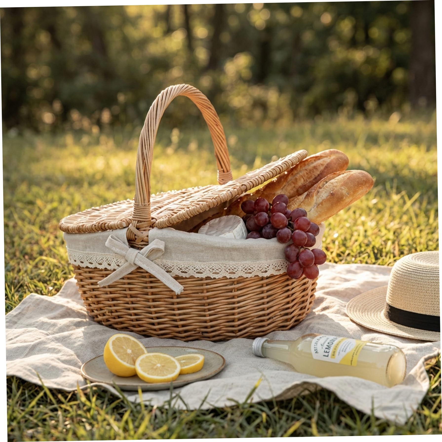 Cestino da picnic in vimini vintage, cestini da picnic intrecciati con coperchio e manici per, campeggio, shopping, deposito domestico/medio