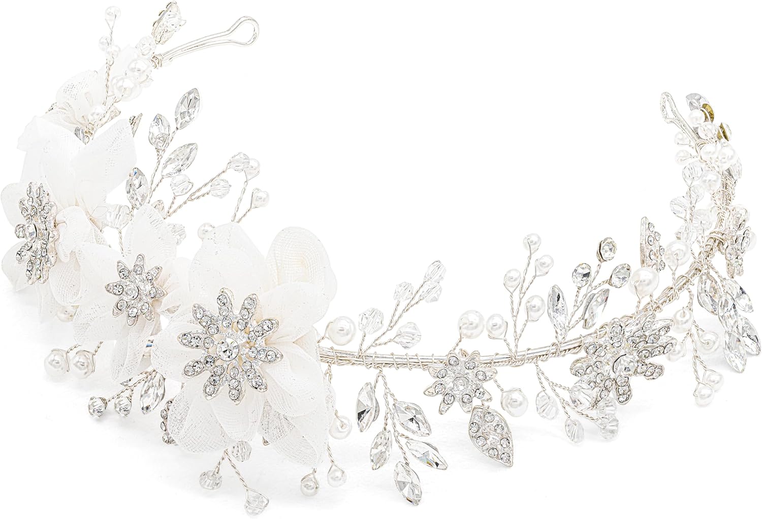 Oriamour Flower Girl Headpiece Ivory Tulle Flowers Wedding Headband for Girls Brides, Princess Pearl Hair Accessories for Birthday Party, First Communion Bridal Headpiece For Women