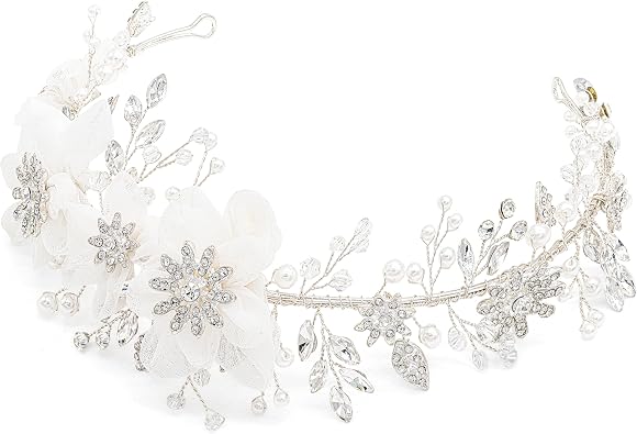 Oriamour Flower Girl Headpiece Ivory Tulle Flowers Wedding Headband for Girls Brides, Princess Pearl Hair Accessories for Birthday Party, First Communion Bridal Headpiece For Women
