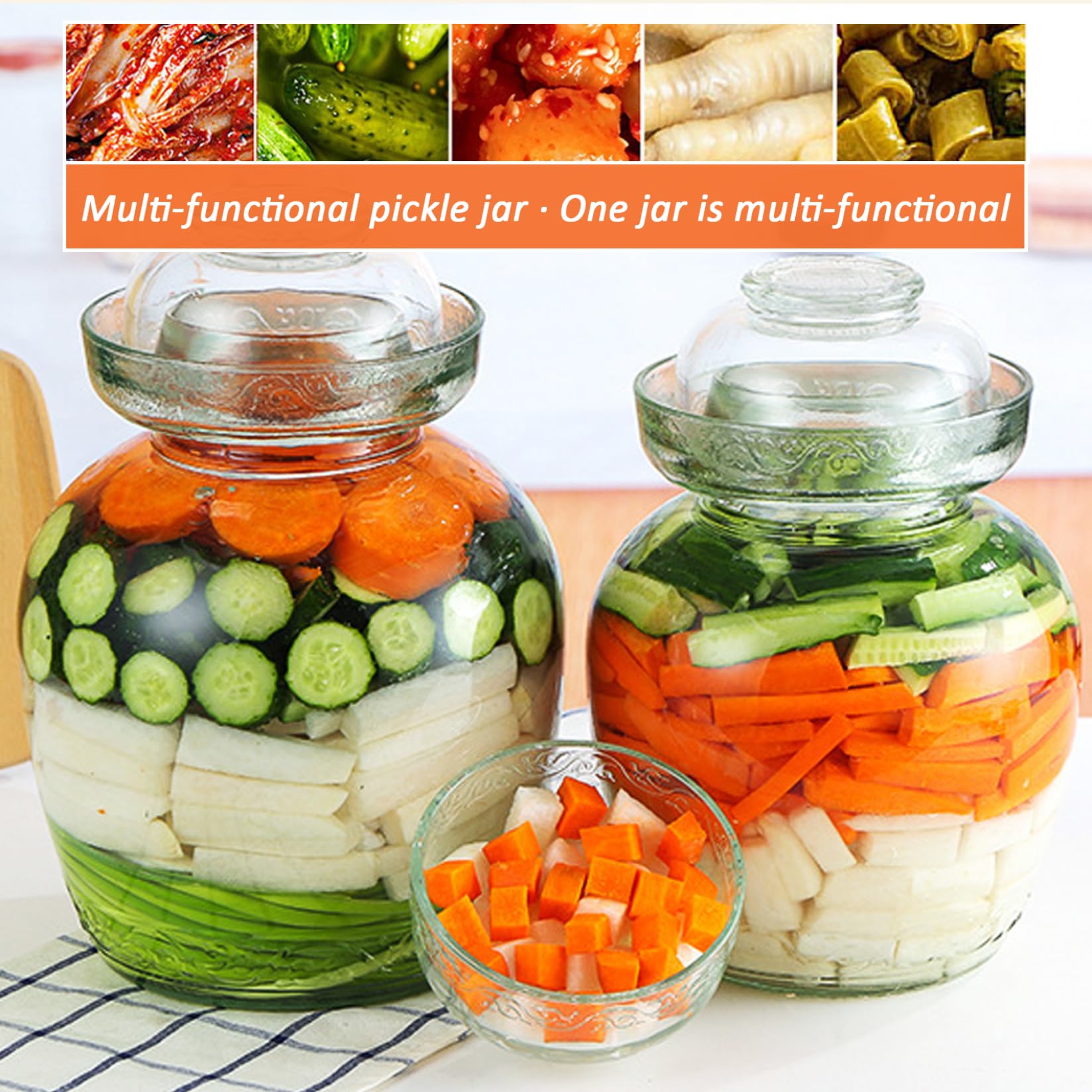 Récipients à Kimchi, Récipient à Cornichons 1, 5 L Pot de Fermentation de Qualité Alimentaire Récipients Kimchi Traditionnels avec Bouchon Bol Pot en Verre Transparent avec Couvercle Kit Ferme