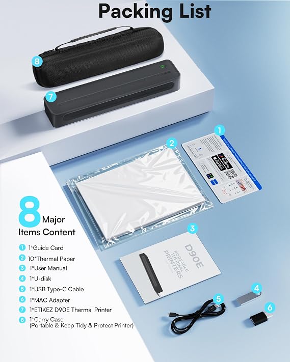 D90E Inkless Portable Printer for Travel, Supports 8.5 x 11 Inch Thermal Paper Wireless Thermal Printer Bluetooth, with Travel Case & 10 Sheets for Students, Office, School, Black 1pack