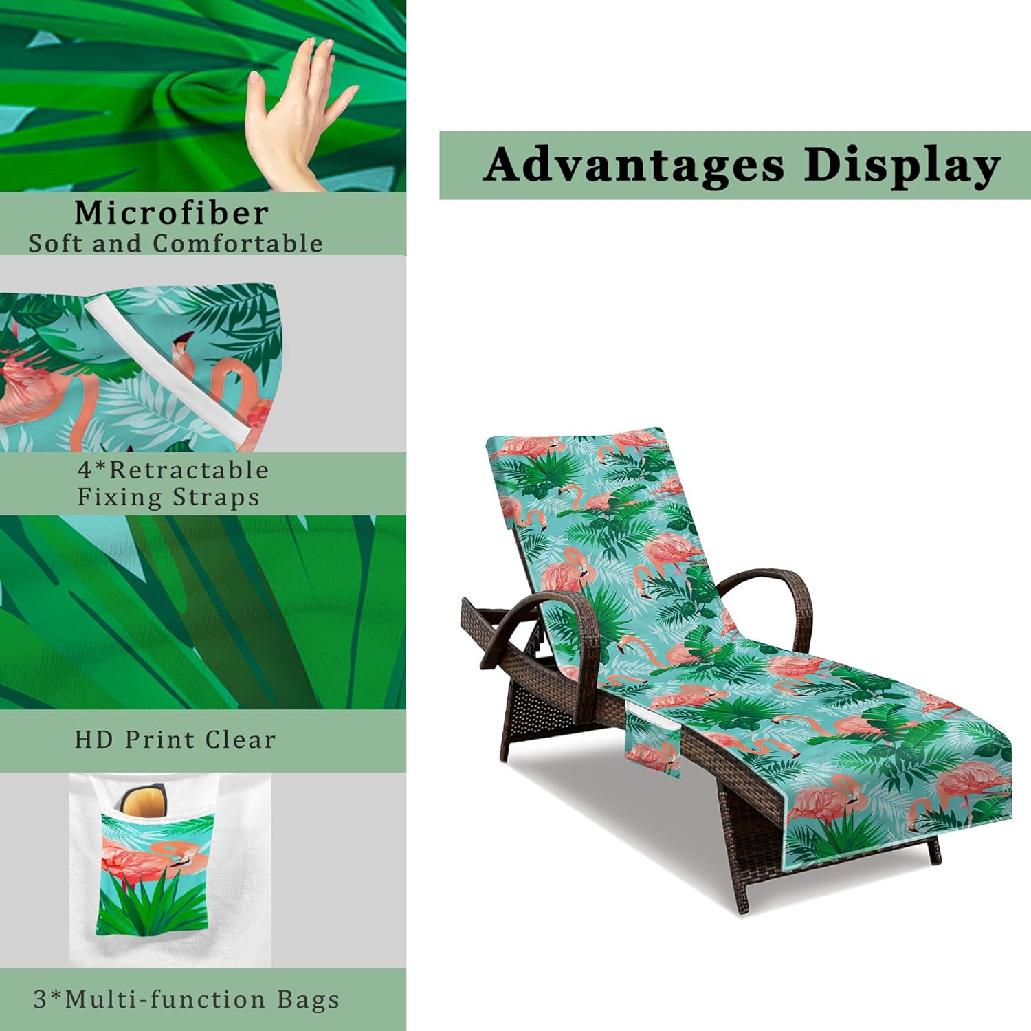 Lounge Chair Towel Cover, Beach Chair Cover (Pack of 2),Pool Lounge Chair Covers for Outdoor,Garden,Beach,Sun Lounger,Hotel pool,Large Size and No Sliding, 85" X 30",Green Coral Pink Flamingo
