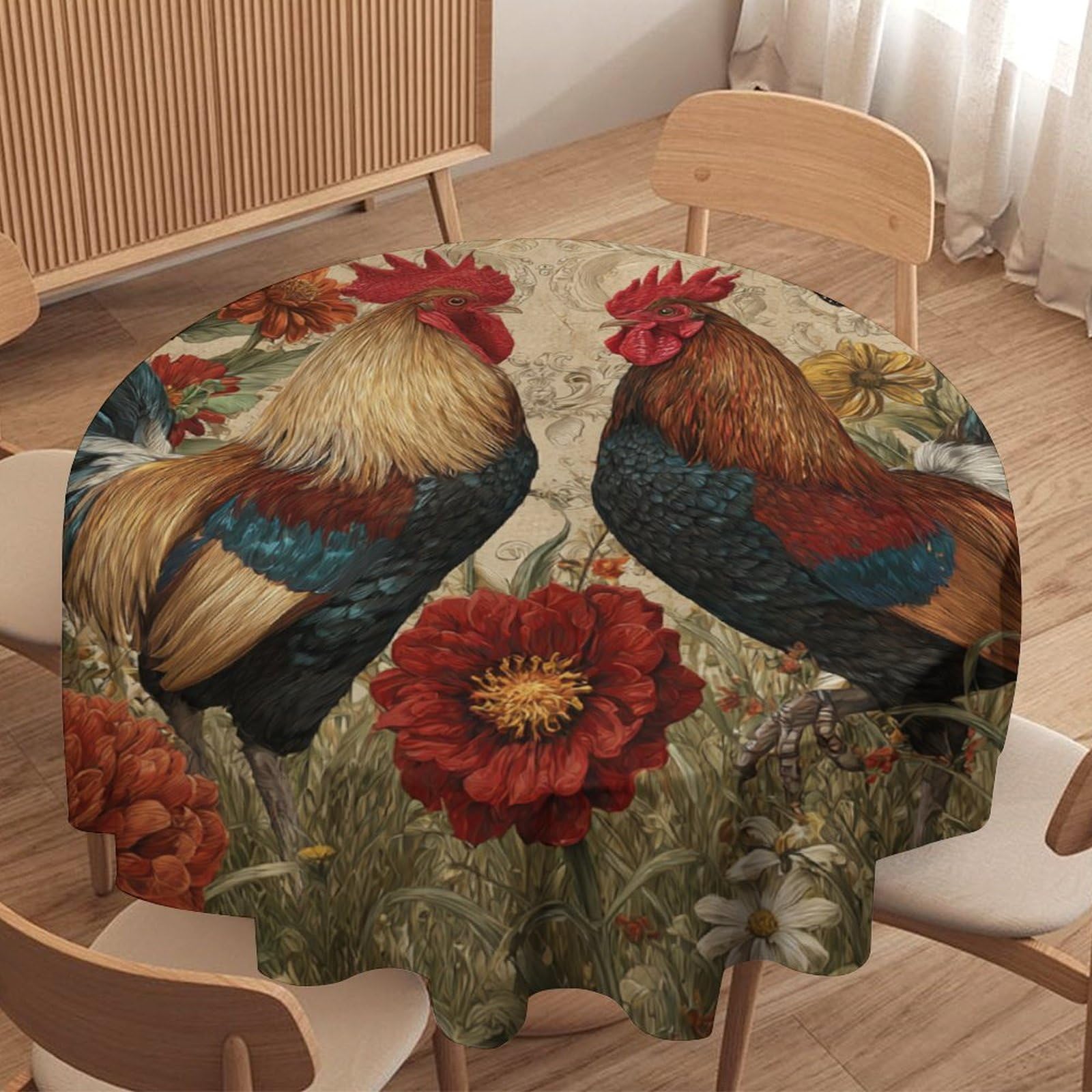 LUYYSKY Antique Realistic Roosters Waterproof Round Tablecloth Rustic Spring Garden Floral Animal Chickens Butterflies Pattern Washable Table Cover for Kitchen-70 Wx70 L