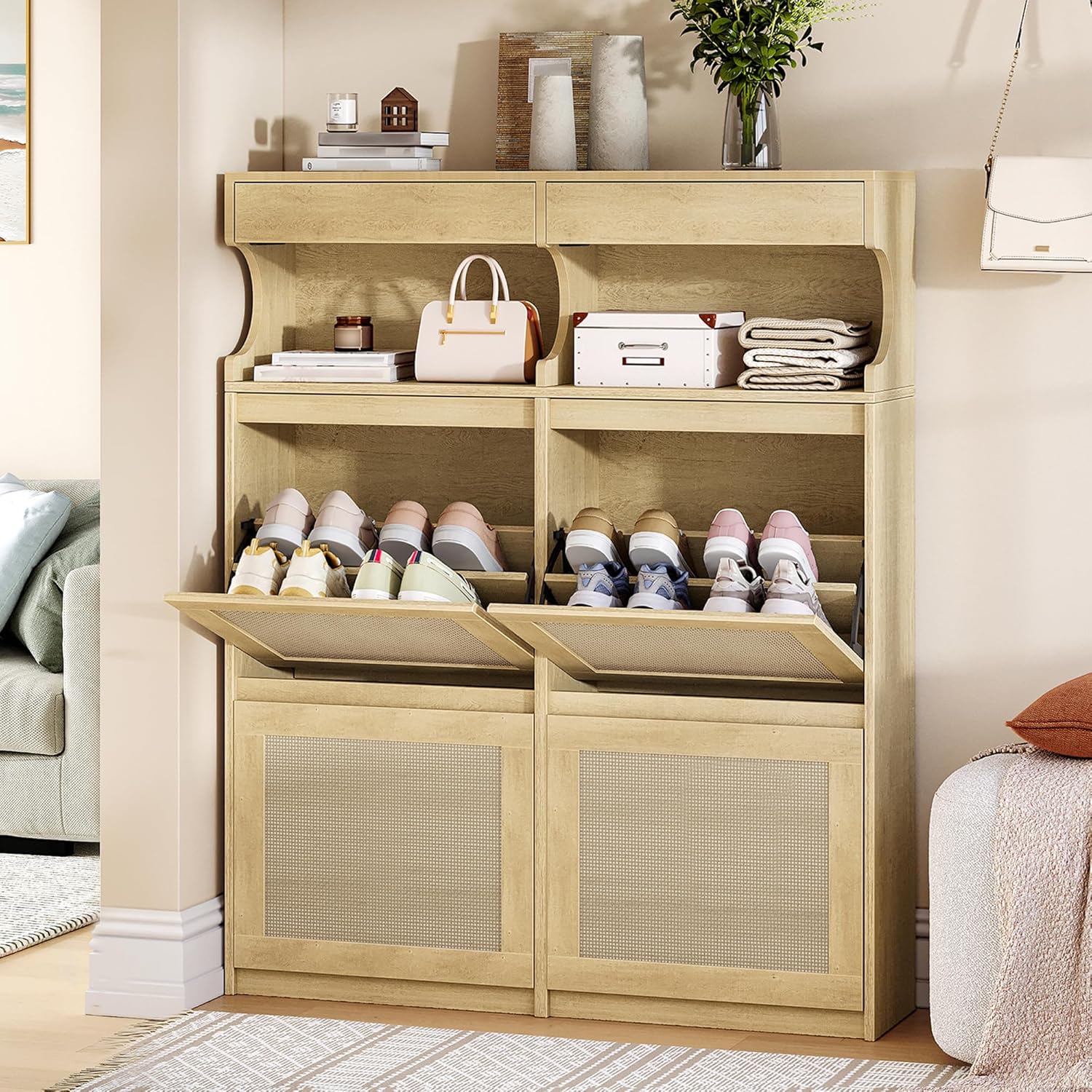 Shoe Cabinet with 4 Flip Drawers & 2 Top Drawers, Narrow Hidden Shoe Storage Cabinet for Entryway, Freestanding Shoes Organizer with Storage Space, 16-20 Pairs, for Hallway, Rattan SR57602Y