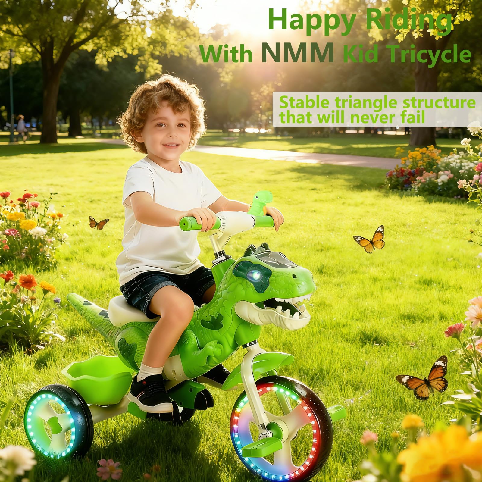 NMM Triciclo Dinosauro Con Clacson e Cesto Portaoggetti, Triciclo Bambini 2, 3, 4, 5, 6 Anni, Con Musica e Luci, Regali di Compleanno e Natale Adatti a Bambini e Bambine - Verde
