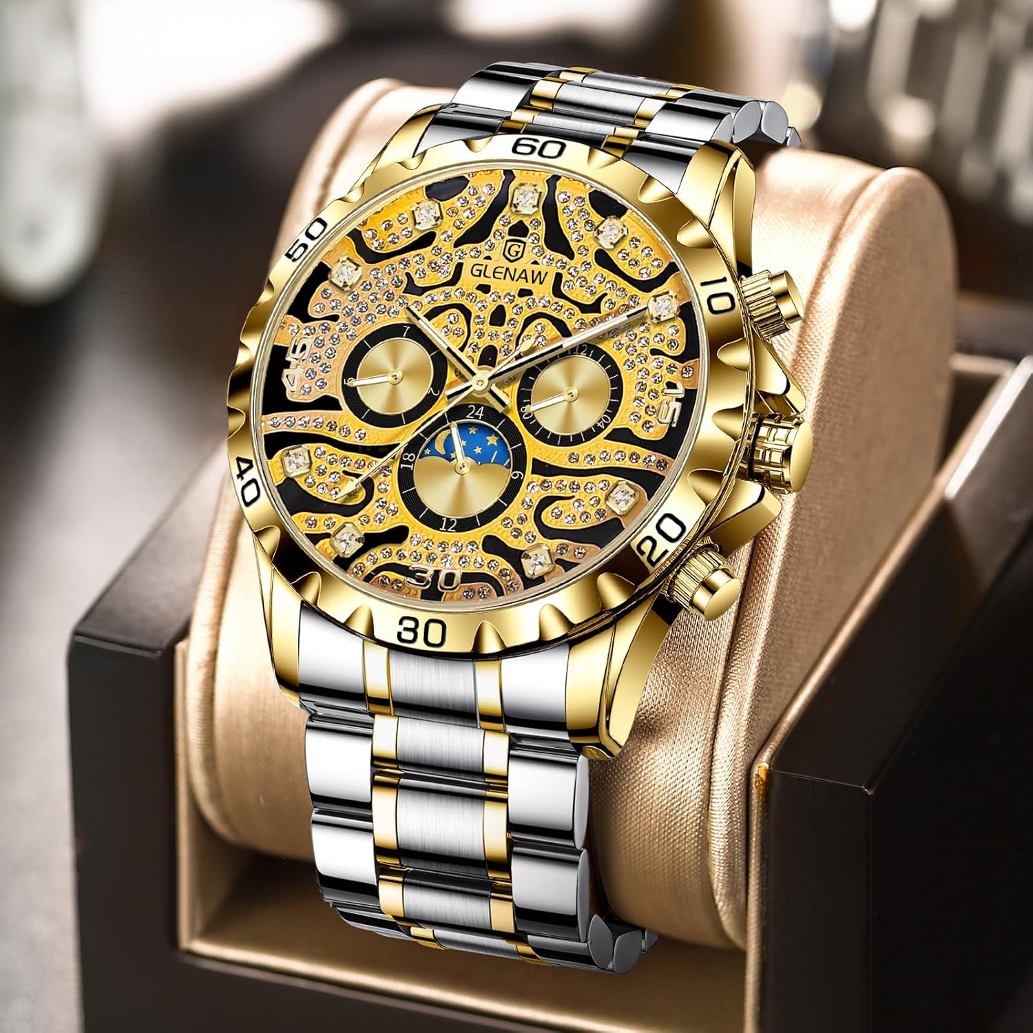 Automatic Watches for Men, Tiger Dial Rhinestone Scale Men's Waterproof Watch Stainless Steel Strap Gold Pattern 12 Hours Week Mechanical Watch - Image 3