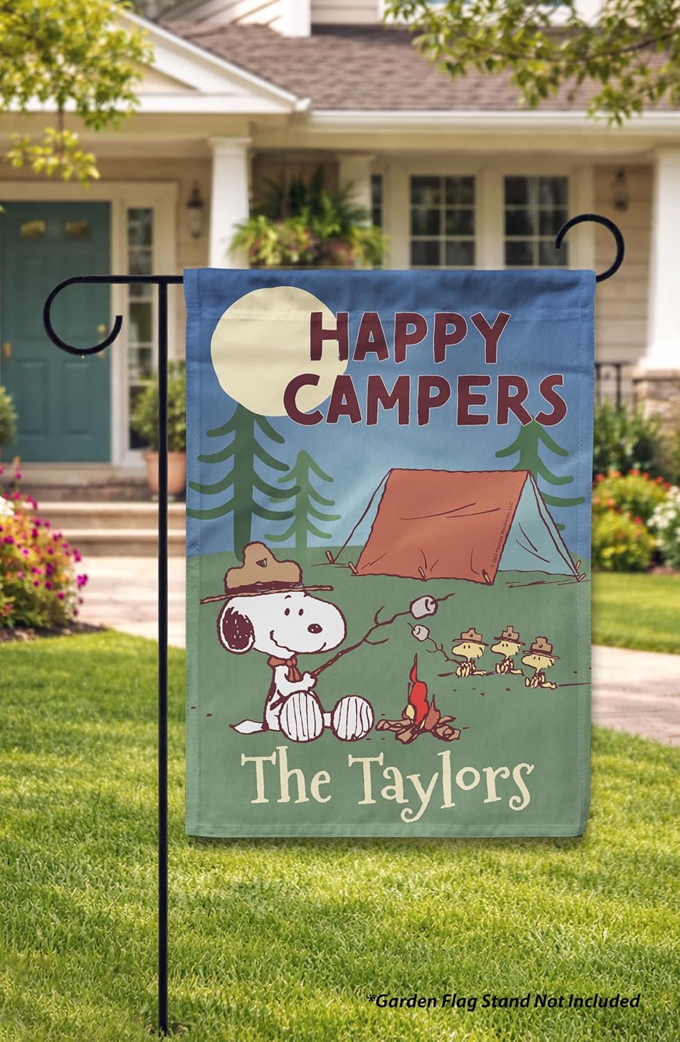 Flagology, Personalized PEANUTS Happy Campers S'mores Garden Flag 12" x 18", Outdoor Flag, Custom Family Name, Officially Licensed PEANUTS, Camping
