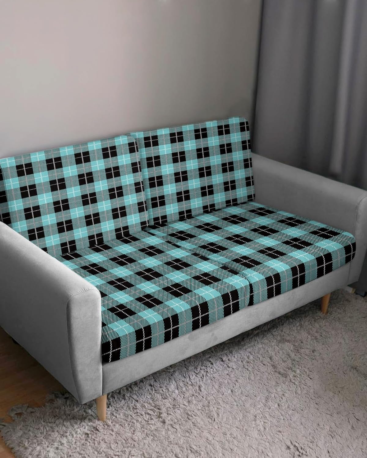 Couch Cushion Covers Teal Check Plaid Sofa Cushion Cover Stretch Seat Covers Buffalo Plaid Sofa Slipcovers Soft Furniture Protector for Sectional Sofas Living Room Medium-1 Piece