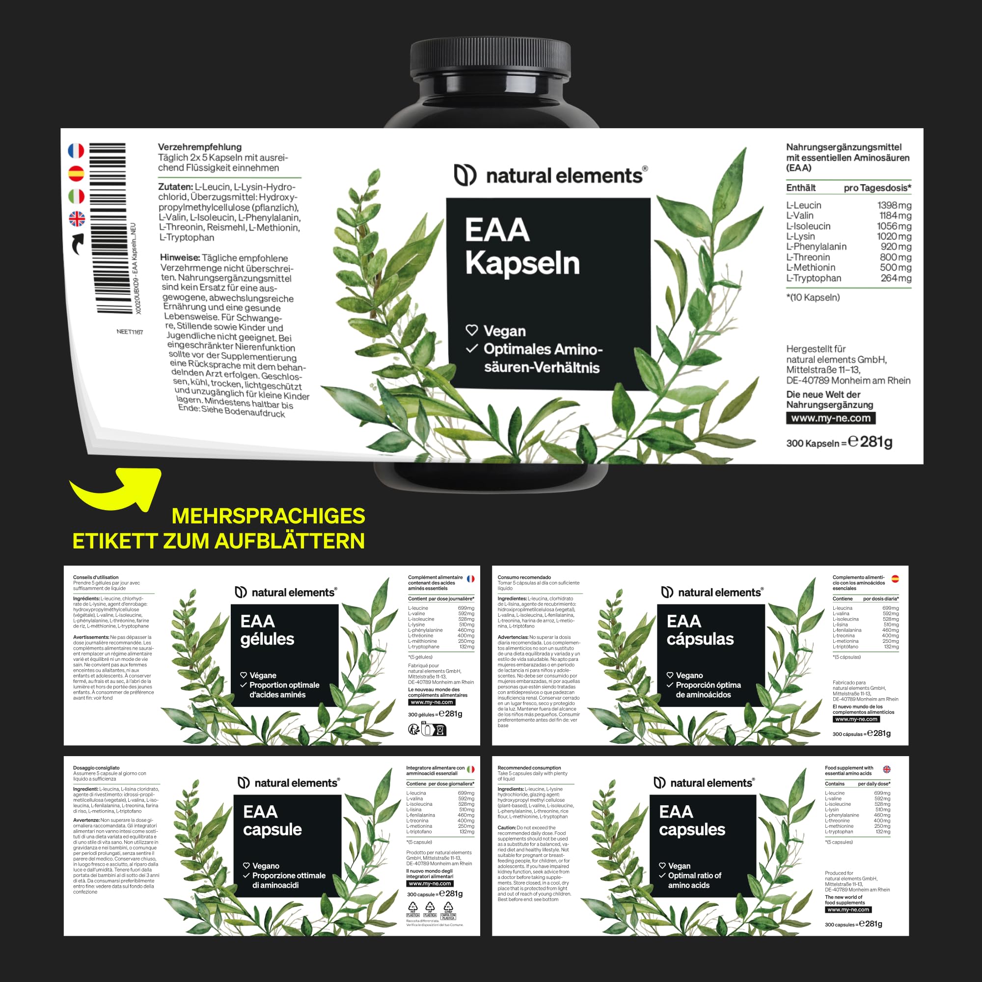 natural elements EAA Kapseln hochdosiert – 300 Kapseln – 8 essenzielle Aminosäuren – vegan, ohne unnötige Zusätze – in Deutschland produziert & laborgeprüft