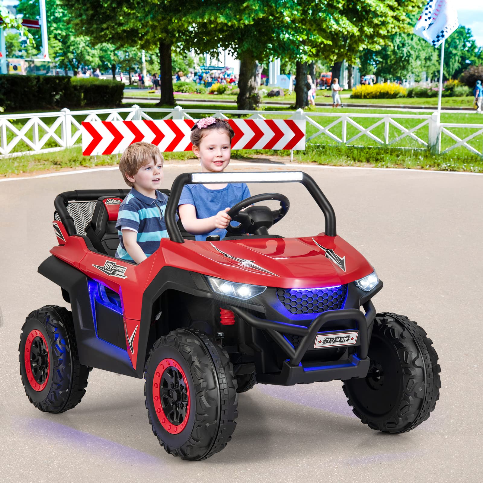 GOPLUS Samochód elektryczny dla dzieci, 12 V, 2-osobowy pojazd z pilotem 2,4 GHz, reflektor, muzyka, fajne świetlne efekty i torba do przechowywania