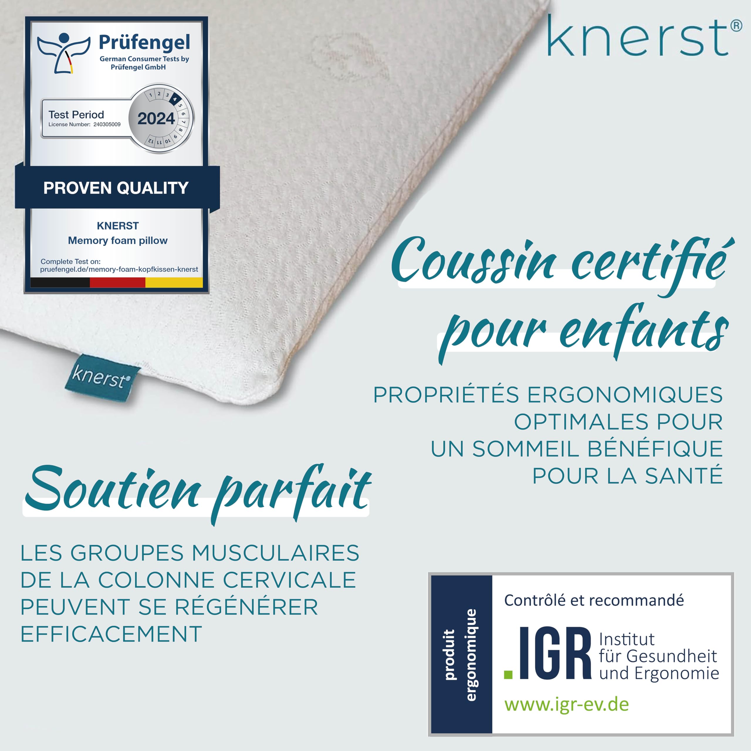 KNERST® Oreiller Enfant 25x50 Mémoire de Forme - Oreiller Bébé et Coussin Enfant Ergonomique Hauteur 6 cm - Oreiller 50x25 Anti Acariens - Idéal 2 3 4 5 6 Ans