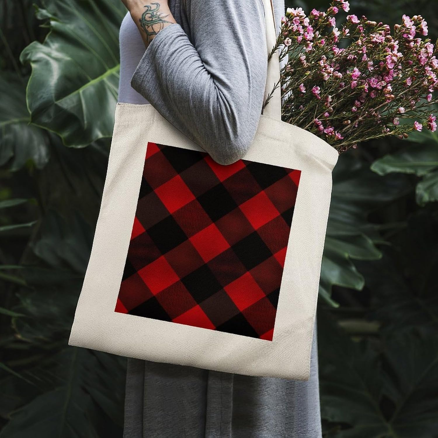 Plaid Red And Black Cotton Polyester Blend Canvas Carryall Bag | Plaid Red And Black Reusable Fabric Handbag for Grocery Travel Daily Errands Multipurpose Storage Carry Tote