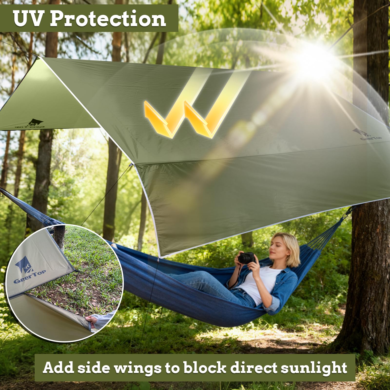 GEERTOP Tarp Wasserdicht, 3×3.6m Ultraleicht Camping Zeltplane, Anti-UV Schutz Sonnen & Regen & Schnee, Mit Ösen, Aluminiumstifte, Nylonseile, Leicht tragbar für Hängematte Camping Picknick Wandern