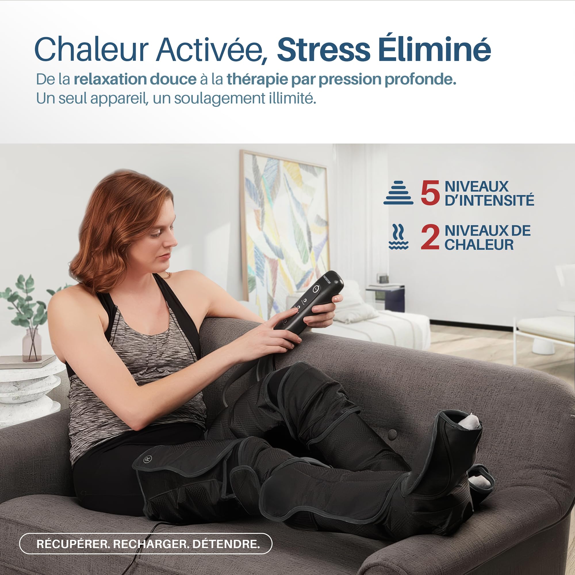 PORTENTUM Bottes de pressothérapie avec chaleur réglable – 5 niveaux de compression d’air – Télécommande – Favorise le drainage lymphatique – Soulage la sensation de fatigue et de lourdeur