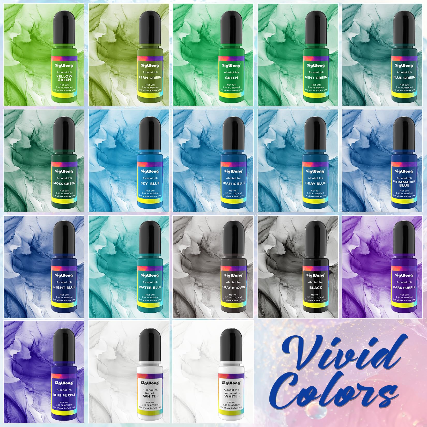 Lot de 36 flacons d'encre à base d'alcool aux couleurs vives, haute concentration à base d'alcool, teinture de couleur pour résine époxy, idéal pour la boîte de Pétri, les sous-verres, la peinture, la