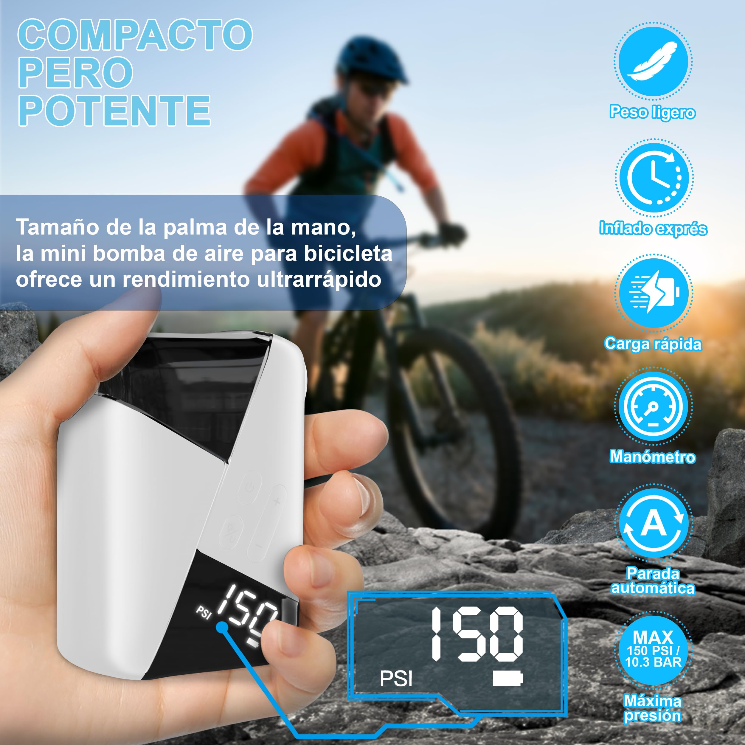 Bomba Bicicleta Mini Inflador Bicicletas Electrico, 150 PSI, Hinchador Electrico Bicicleta Portatil, Bomba Electrica Bicicleta, Mini Bomba de Aire Bici Electrica, para Válvula Schrader y Presta