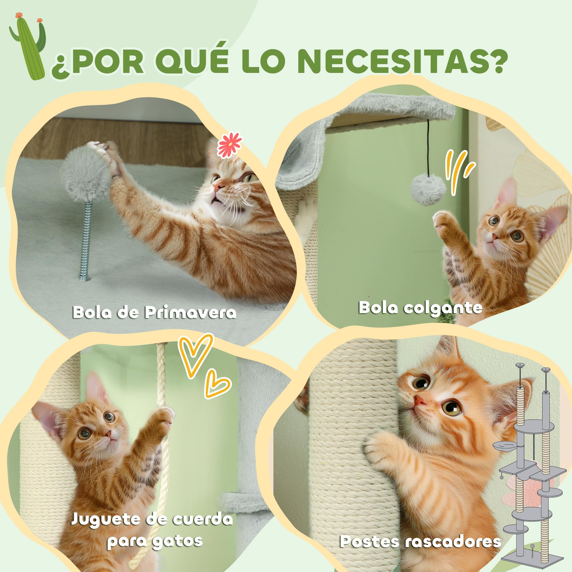 PawHut Árbol para Gatos de Suelo a Techo 225-255cm 7 Niveles Rascador Gris | Torre para Gatos, Hamacas, Plataformas, Juguete de Cuerda, Bola de Juguete
