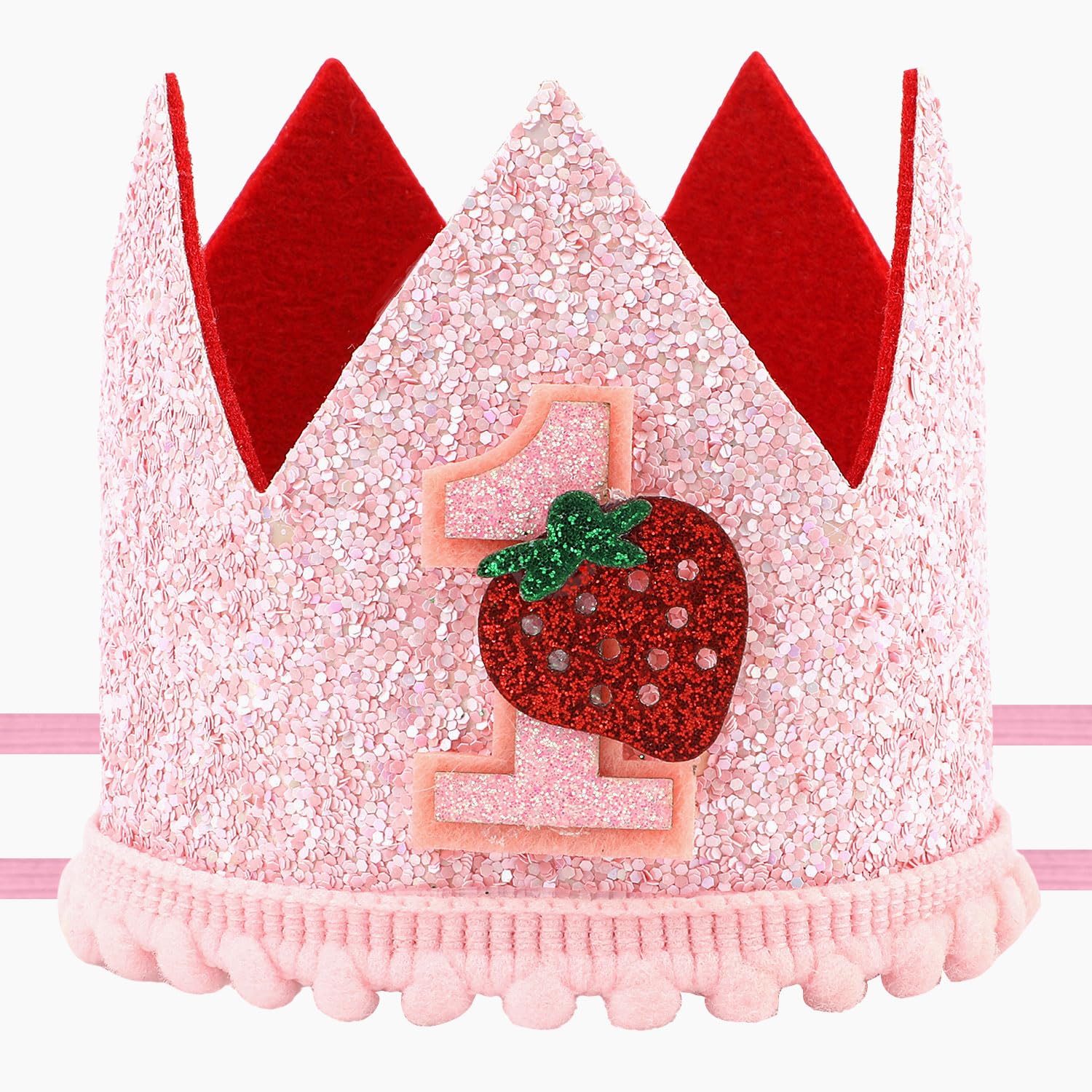 PEUTIER Berry First Birthday Hat, Sweet Pink Sequin Strawberry 1st Birthday Hat Cute Baby Girl Strawberry Crown Headband Strawberry One Birthday Headwear for Baby Shower Party Decoration Photo Props