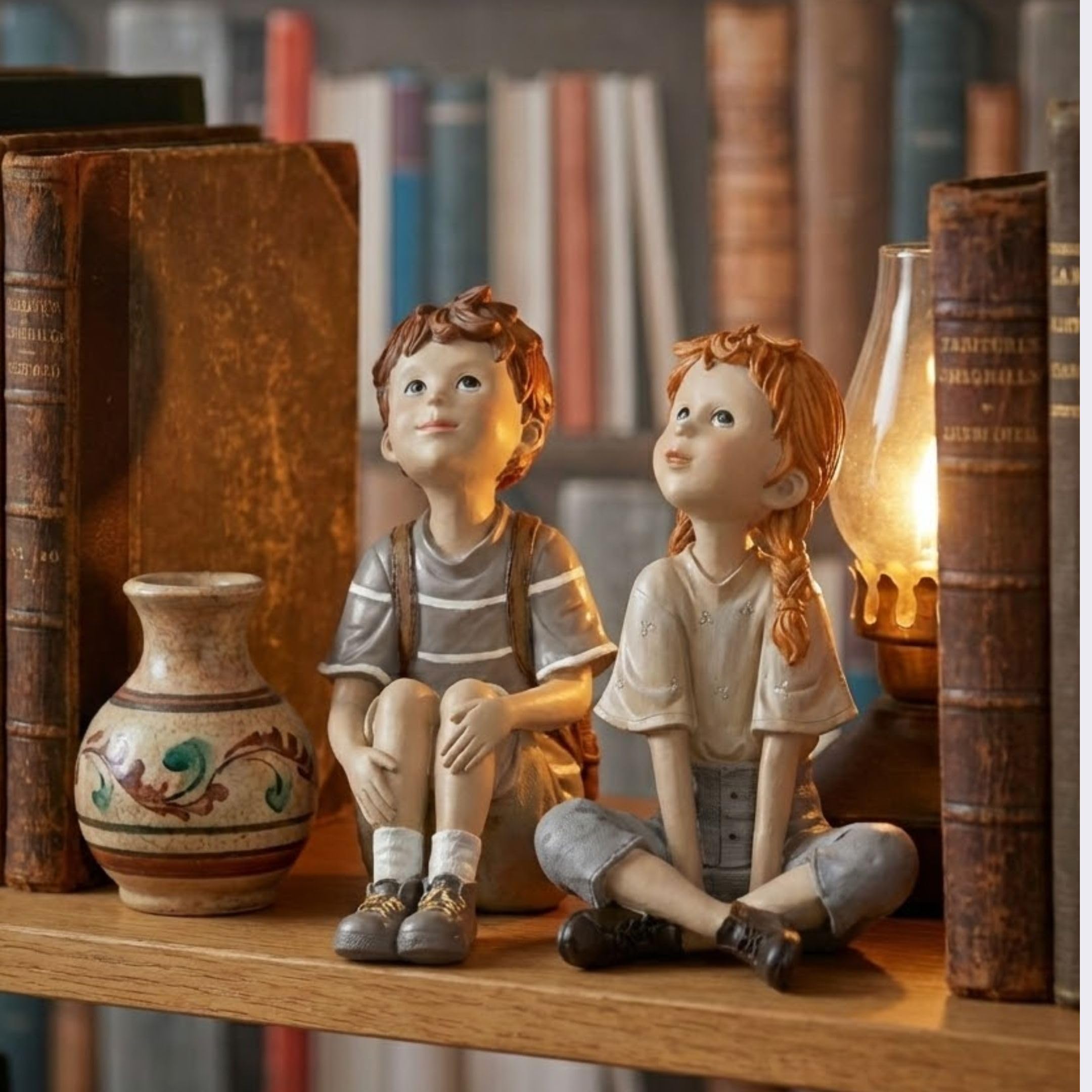 Storm's Gartenzaubereien 2er Set Dekofiguren Kinder sitzend Junge - Mädchen - Liebevolle Innendeko für Regal, Fensterbank - Vitrine - Nostalgische Geschwister Figuren aus Polyresin - Höhe bis 25cm