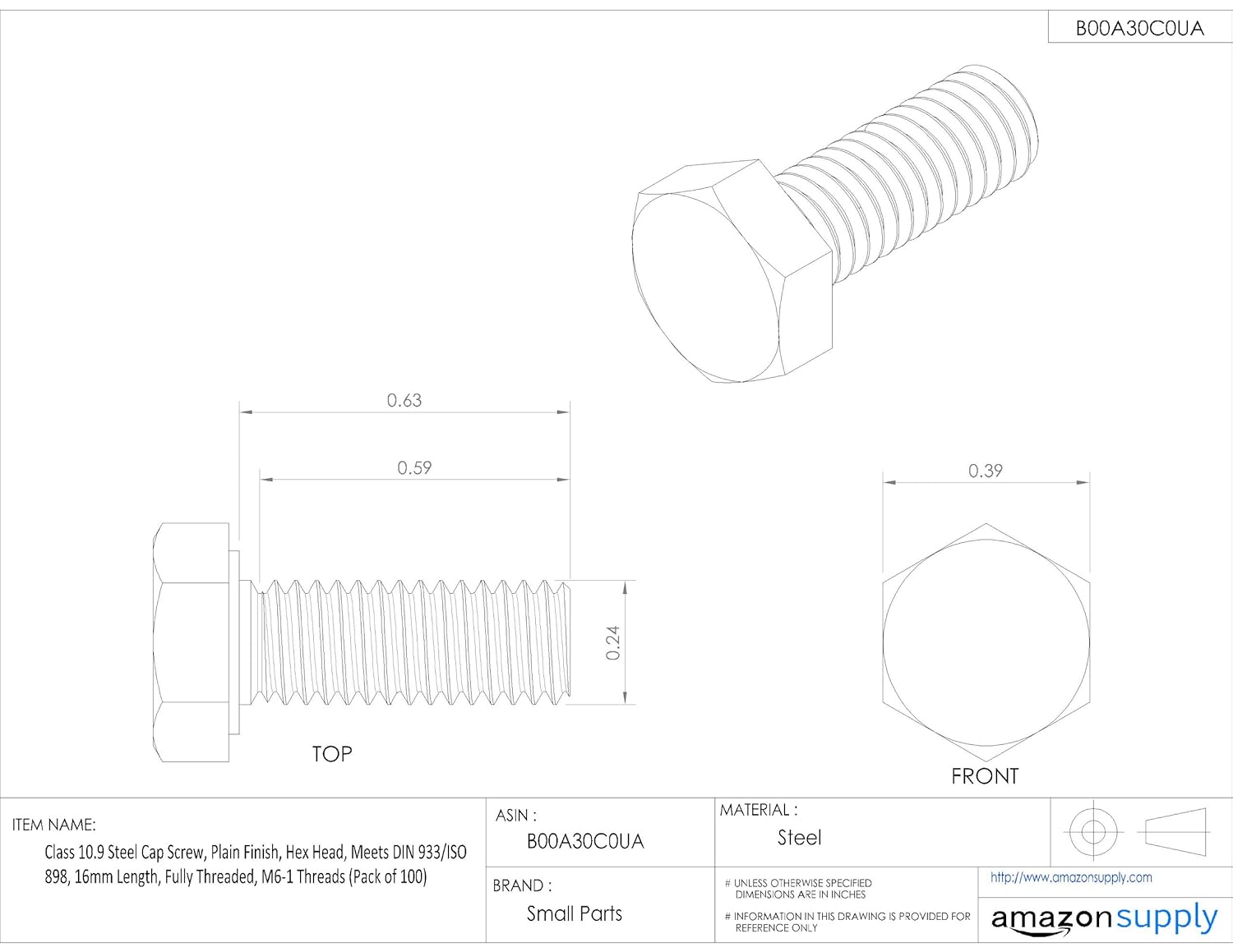 Class 10.9 Steel Cap Screw, Plain Finish, Hex Head, Meets DIN 933/ISO 898, 20mm Length, Fully Threaded, M6-1 Metric Coarse Threads (Pack of 100)