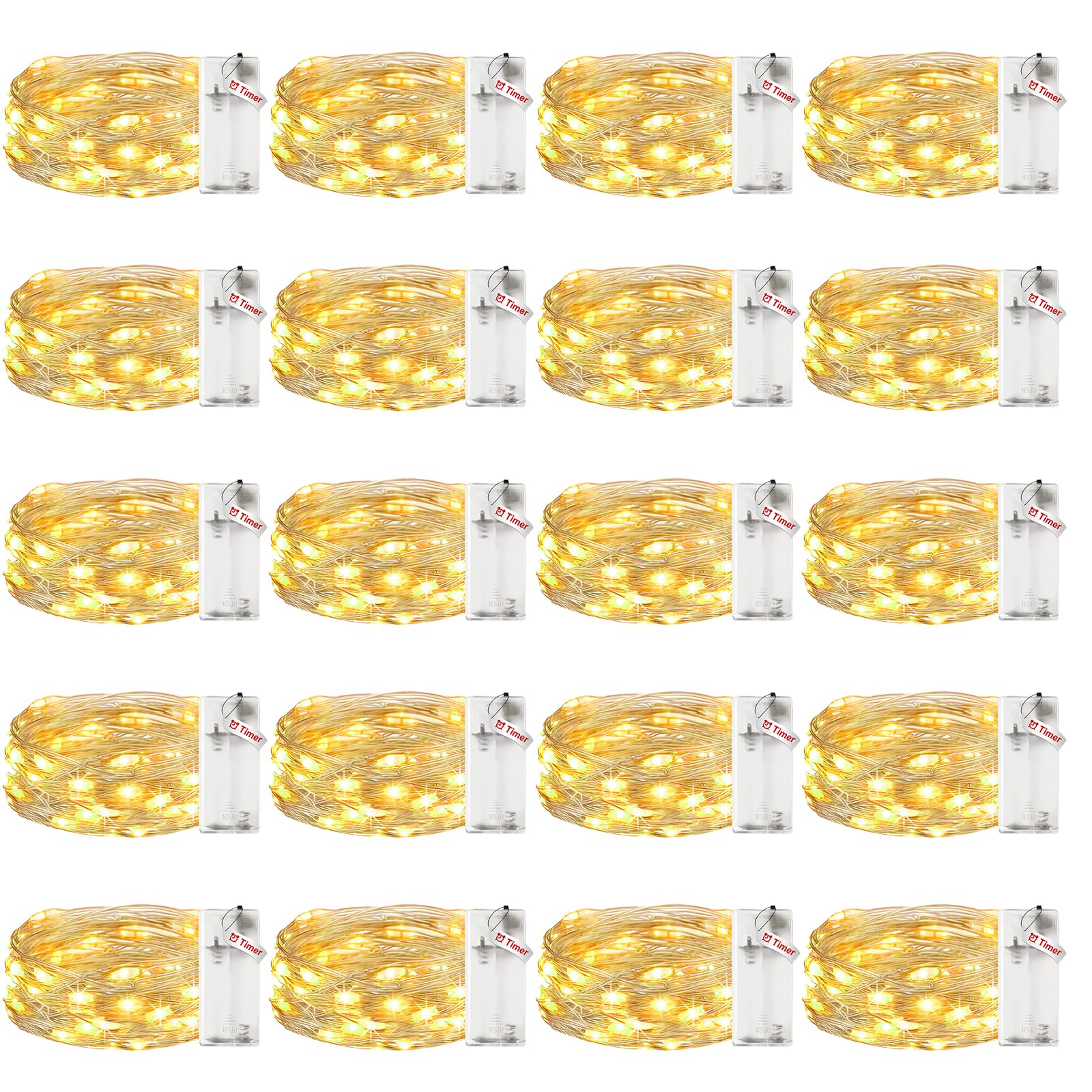 Lot de 20 guirlandes lumineuses à piles avec minuteur, 2,1 m 20 LED, étanche, fil argenté, lumières scintillantes pour chambre à coucher, Noël, mariage, décoration de fête d'intérieur, blanc chaud