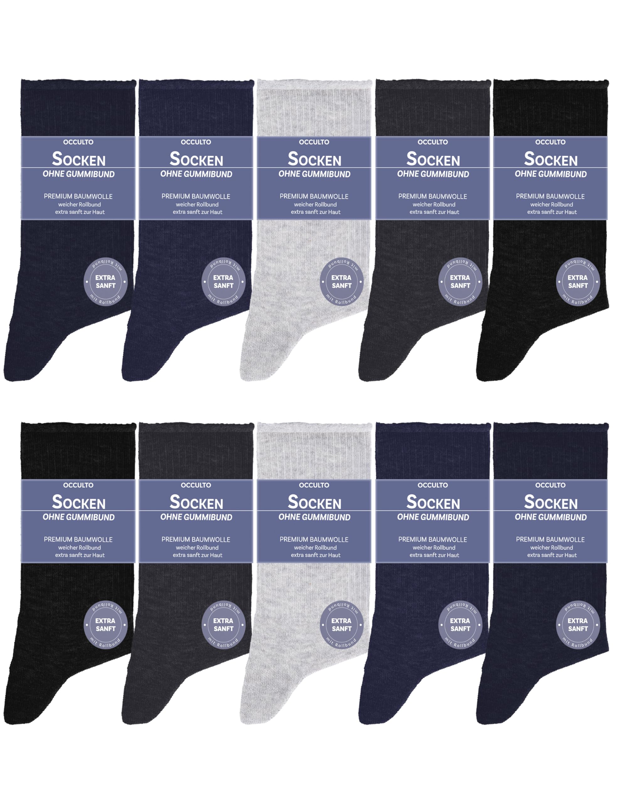 Occulto Herren & Damen Socken ohne Gummibund 10er Pack (Modell: Velano)