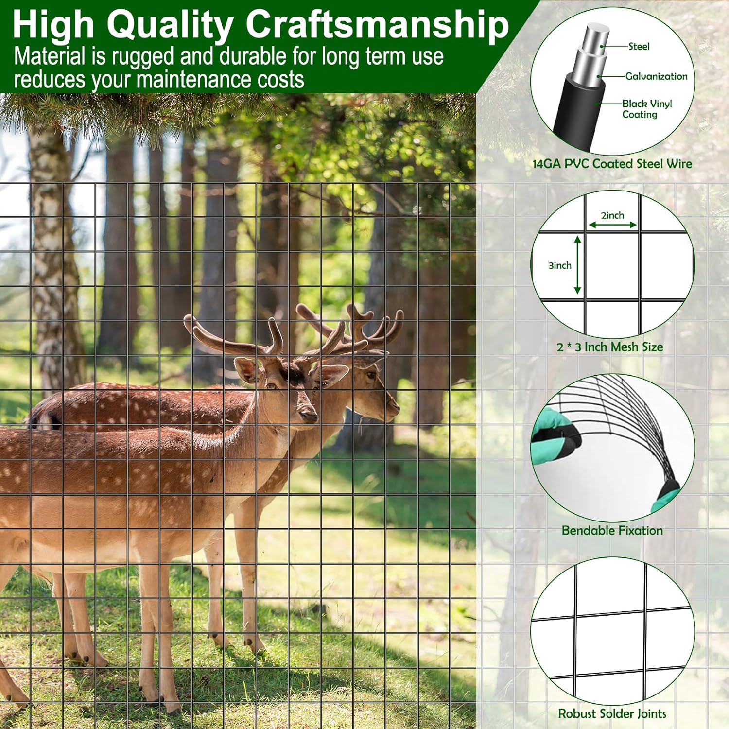 24 in x 49 Ft Welded Wire Fence Black PVC Coated Wire Mesh 2 x 3 in 14GA Garden Fence for Dog Border Fencing Roll Outdoor Animal Barrier Fence with U-Shape Hooks for Yard Plant Vegetable Protection