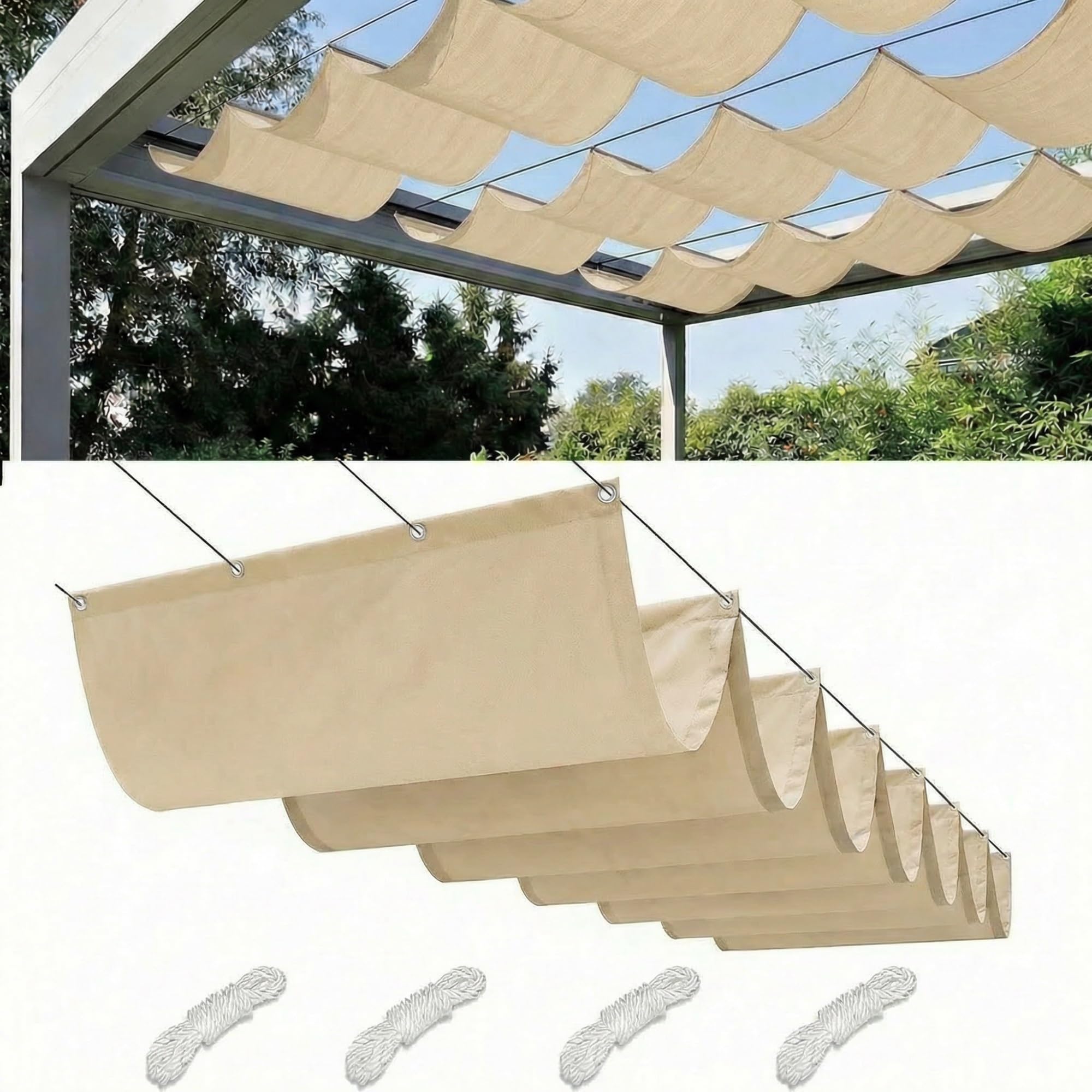 Retractable Wave Sun Shade Sail Waterproof Pergola Cover 95% UV Protection Outdoor Awning Canopy with Ropes for Patio Garden Deck Porch BBQ Shelter Privacy Screen Summer(Cream,1x3M(L x W))
