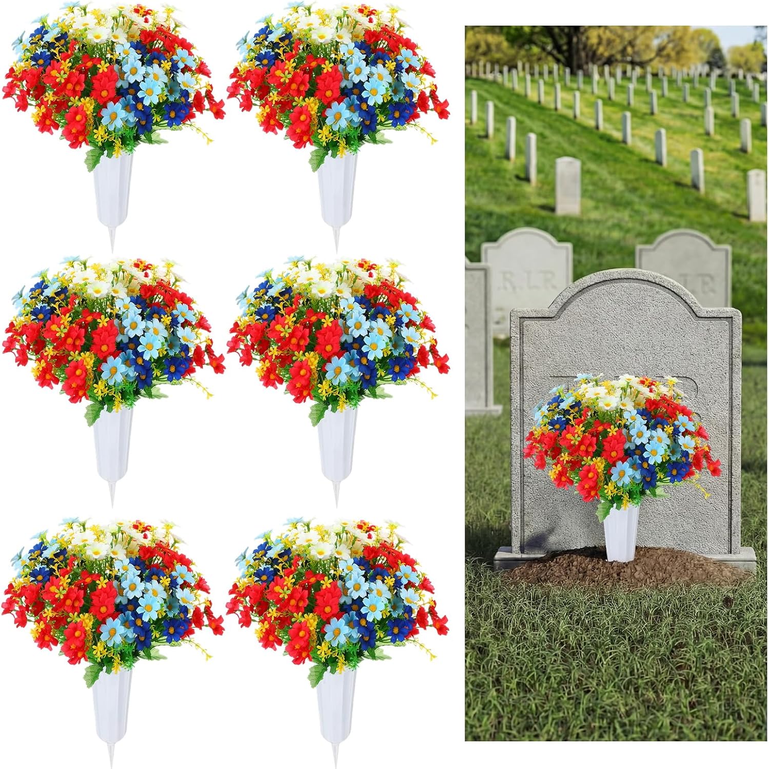 Giegxin 6 Sets Cemetery Flowers for Grave with Long Spikes Vase Artificial Grave Memorial Flowers for Cemetery Headstones Gravesite Memorial Day Arrangements Decoration(Purple and White)